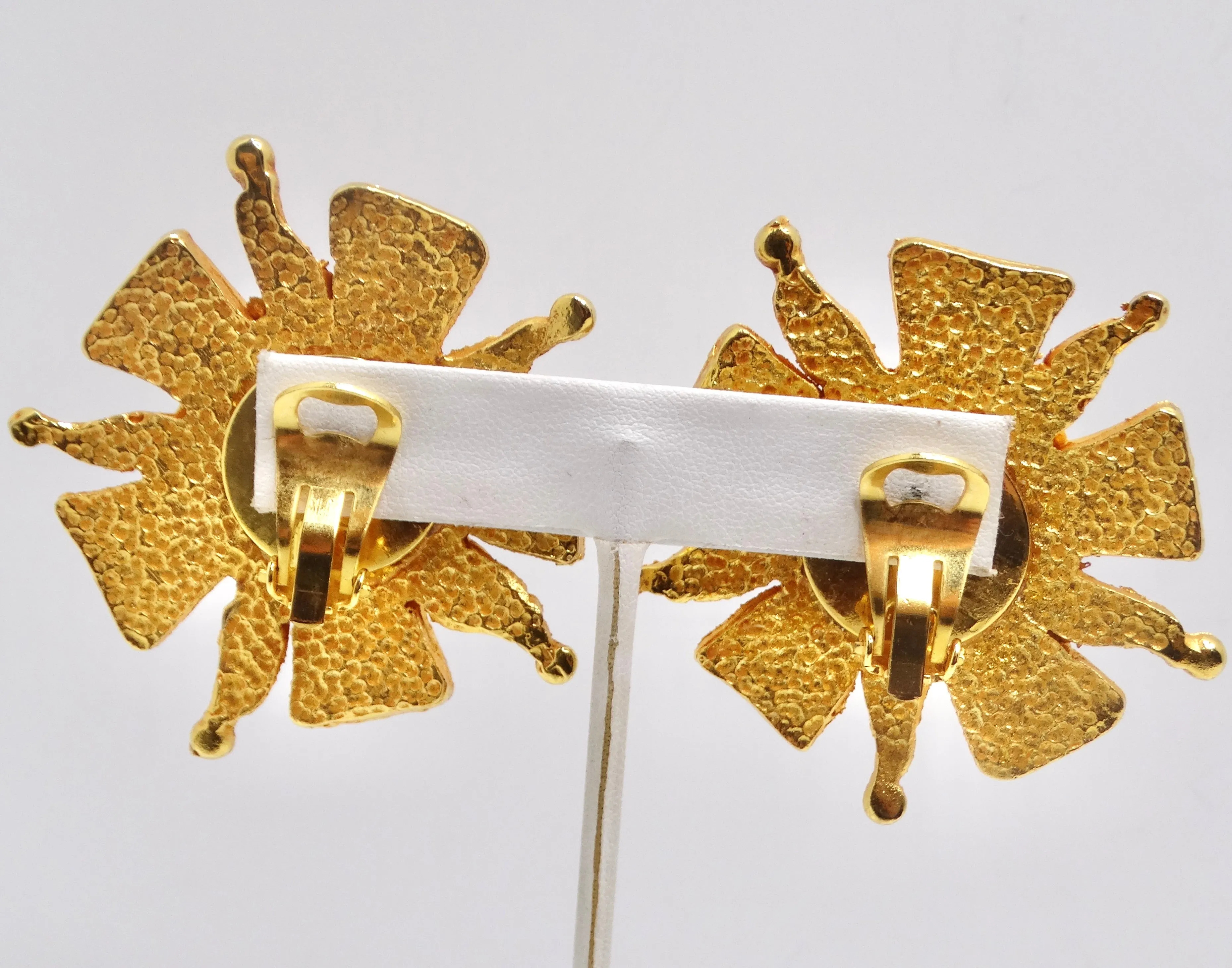 Dominque Aurientis Paris 1980s Gold Plated Green Stone Flower Clip On Earrings
