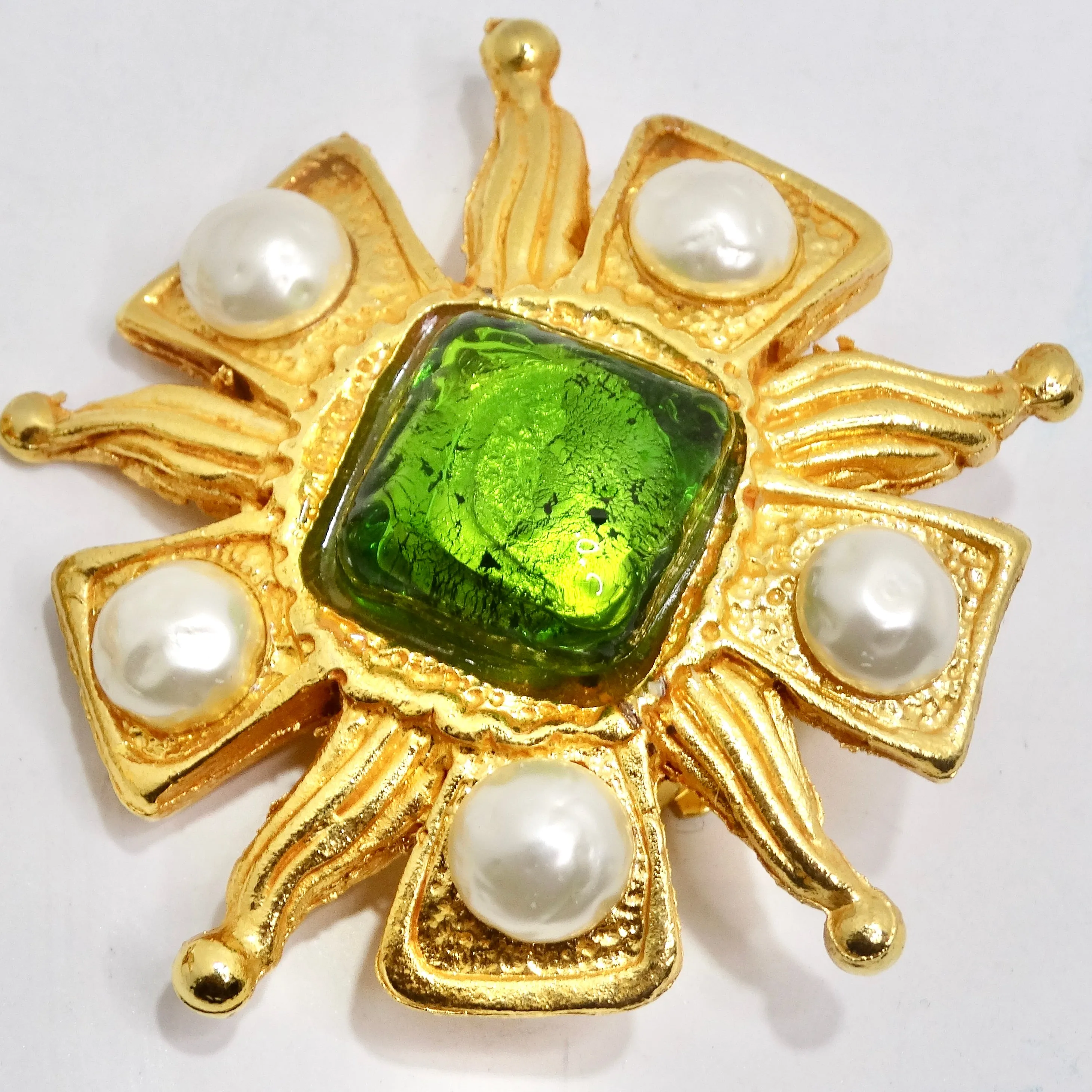 Dominque Aurientis Paris 1980s Gold Plated Green Stone Flower Clip On Earrings