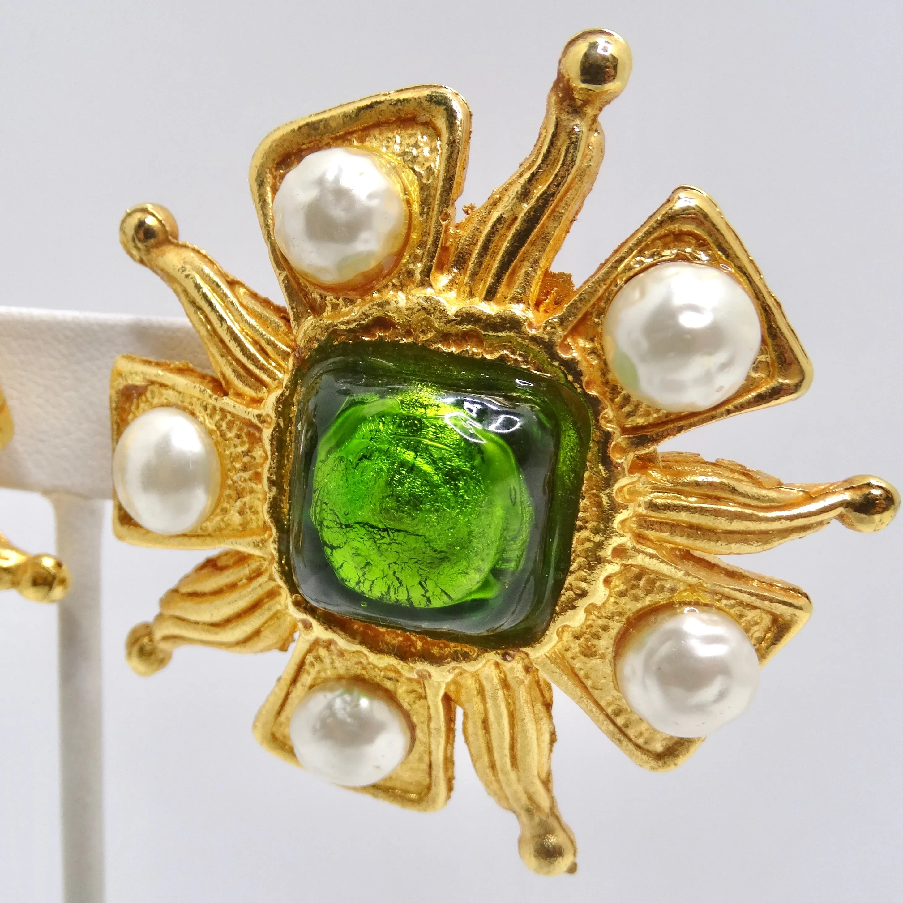 Dominque Aurientis Paris 1980s Gold Plated Green Stone Flower Clip On Earrings