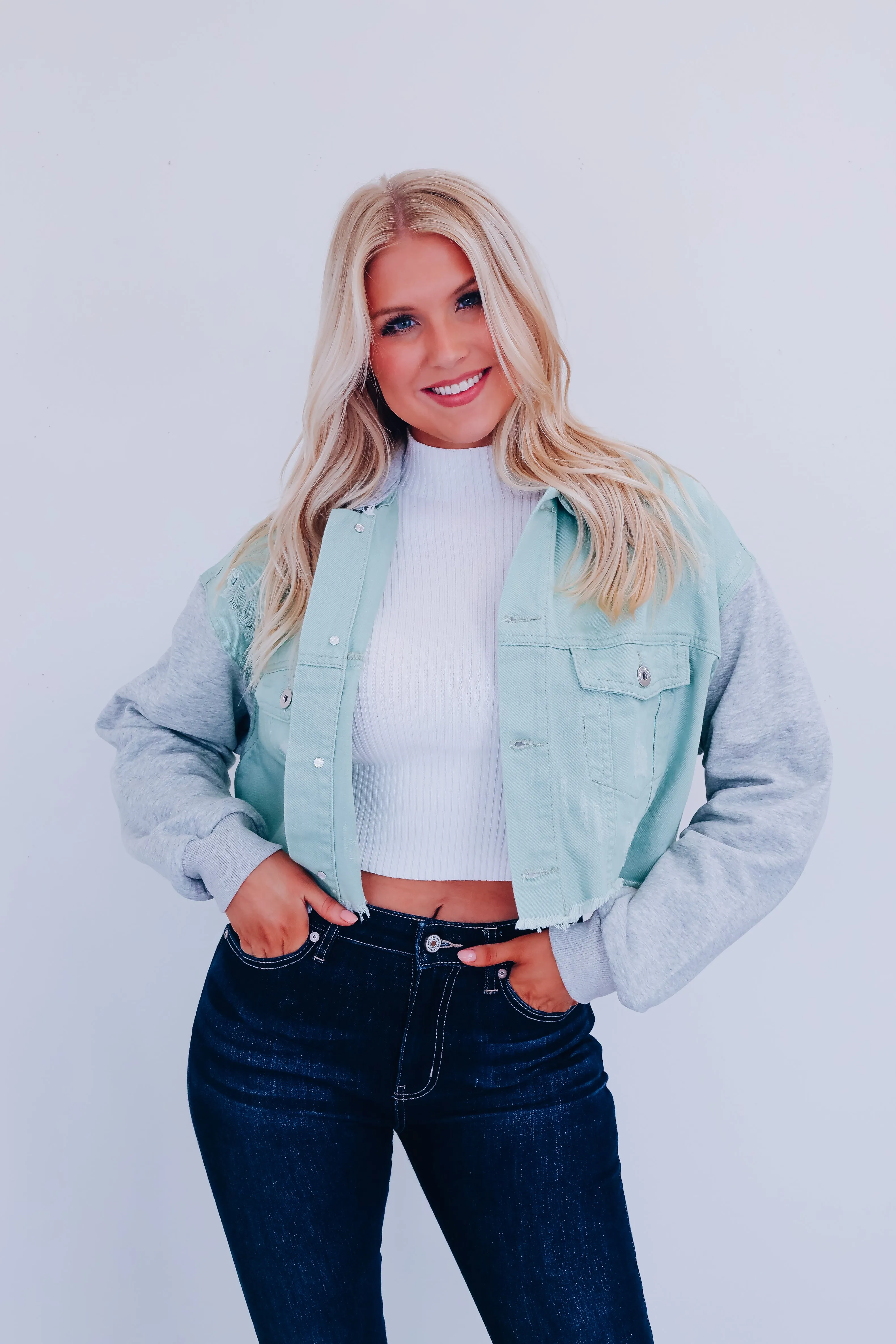Dylan Distressed Cropped Hoodie - Mint/Grey