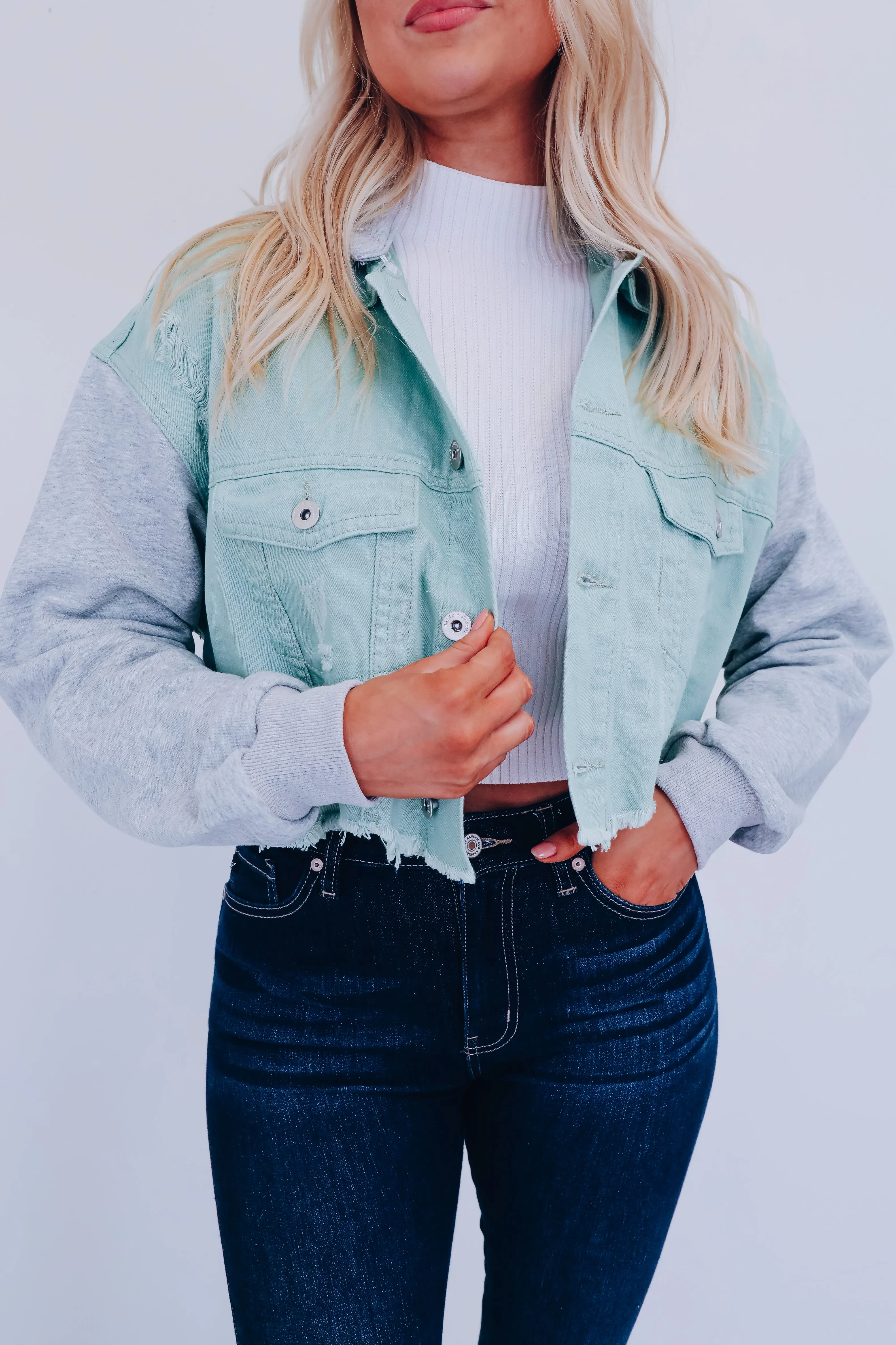 Dylan Distressed Cropped Hoodie - Mint/Grey