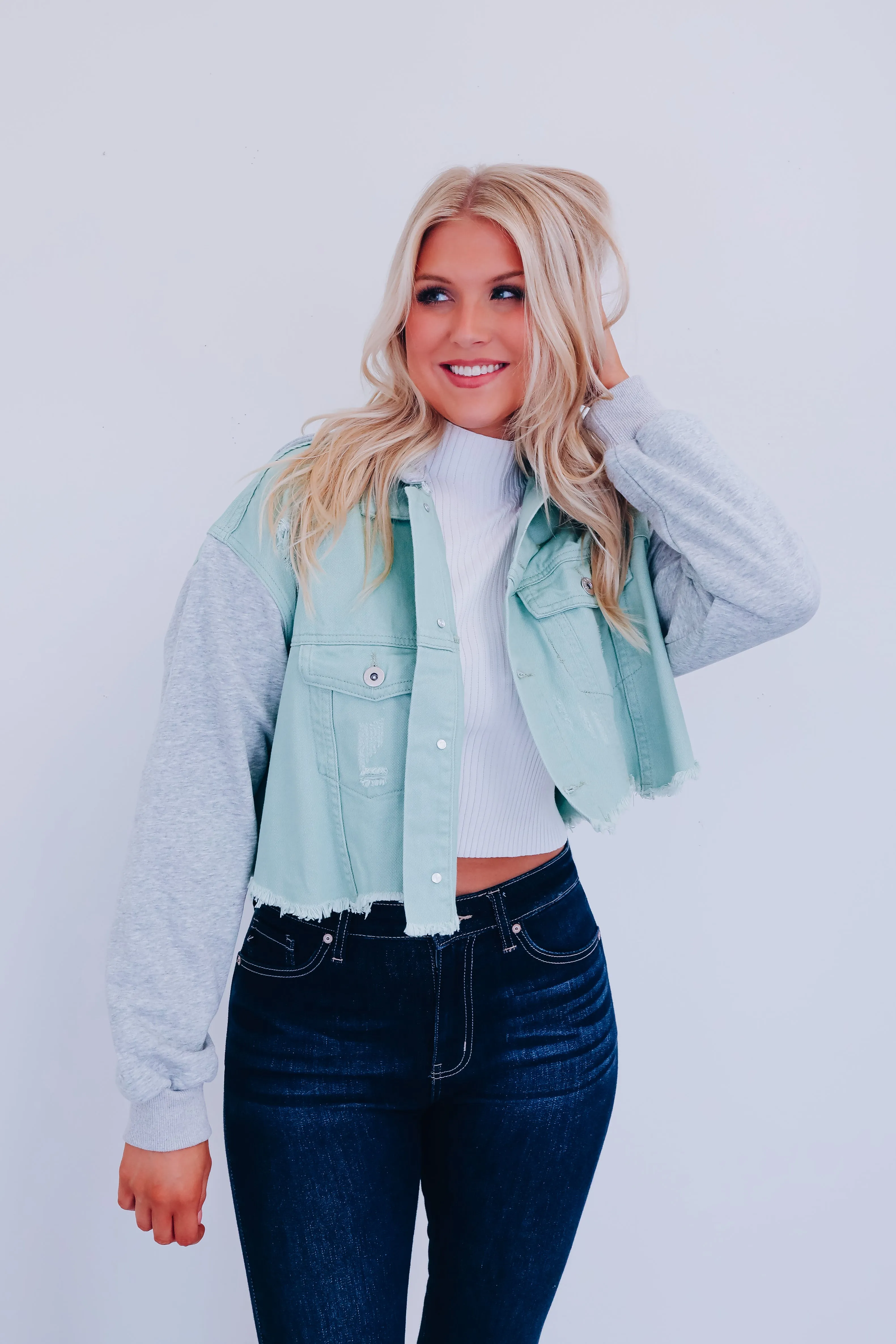 Dylan Distressed Cropped Hoodie - Mint/Grey