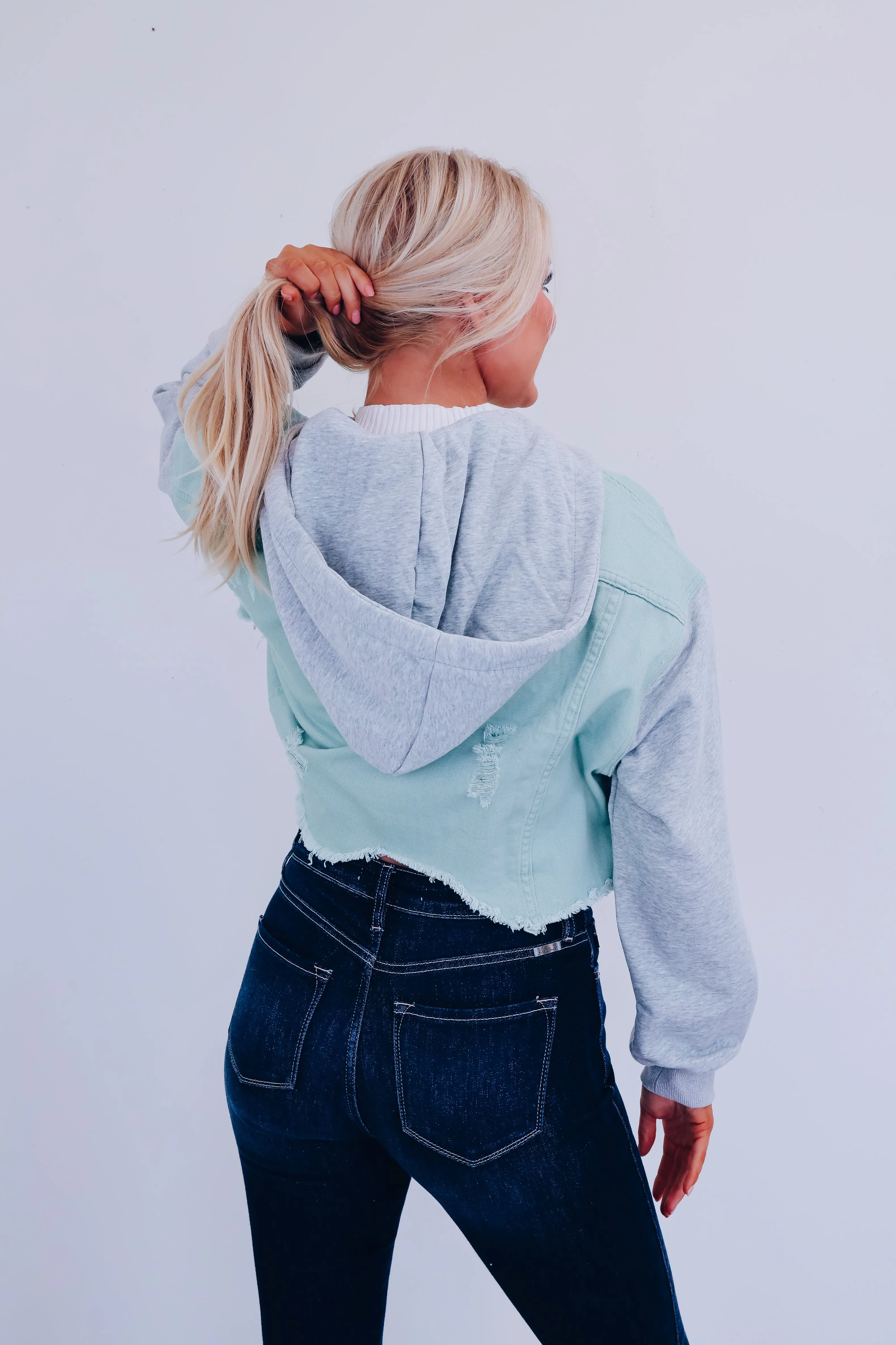 Dylan Distressed Cropped Hoodie - Mint/Grey