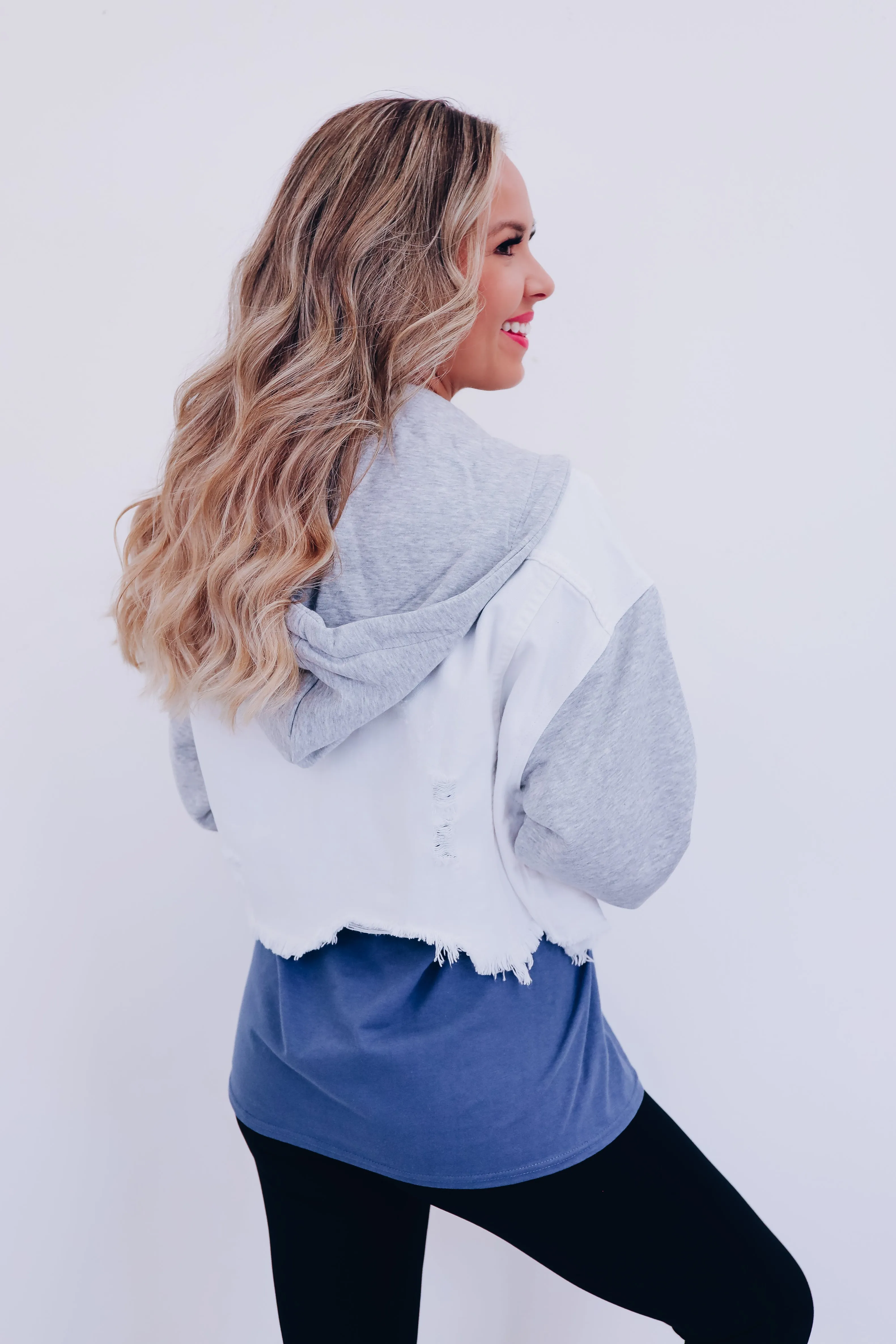 Dylan Distressed Cropped Hoodie - White/Grey