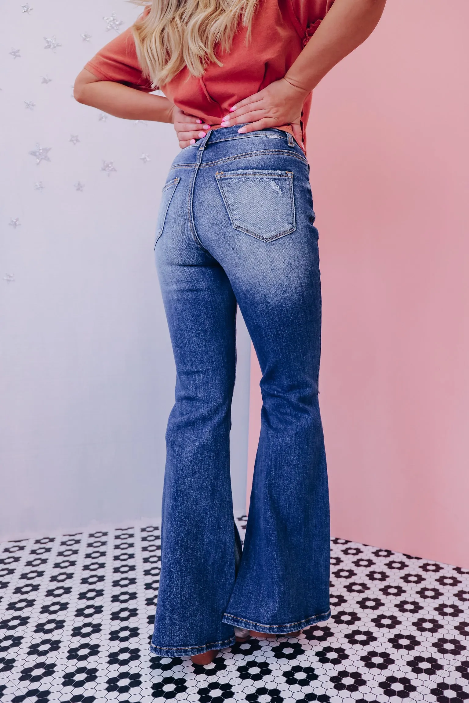 Dynamically Distressed Flare Jeans - Dark Wash