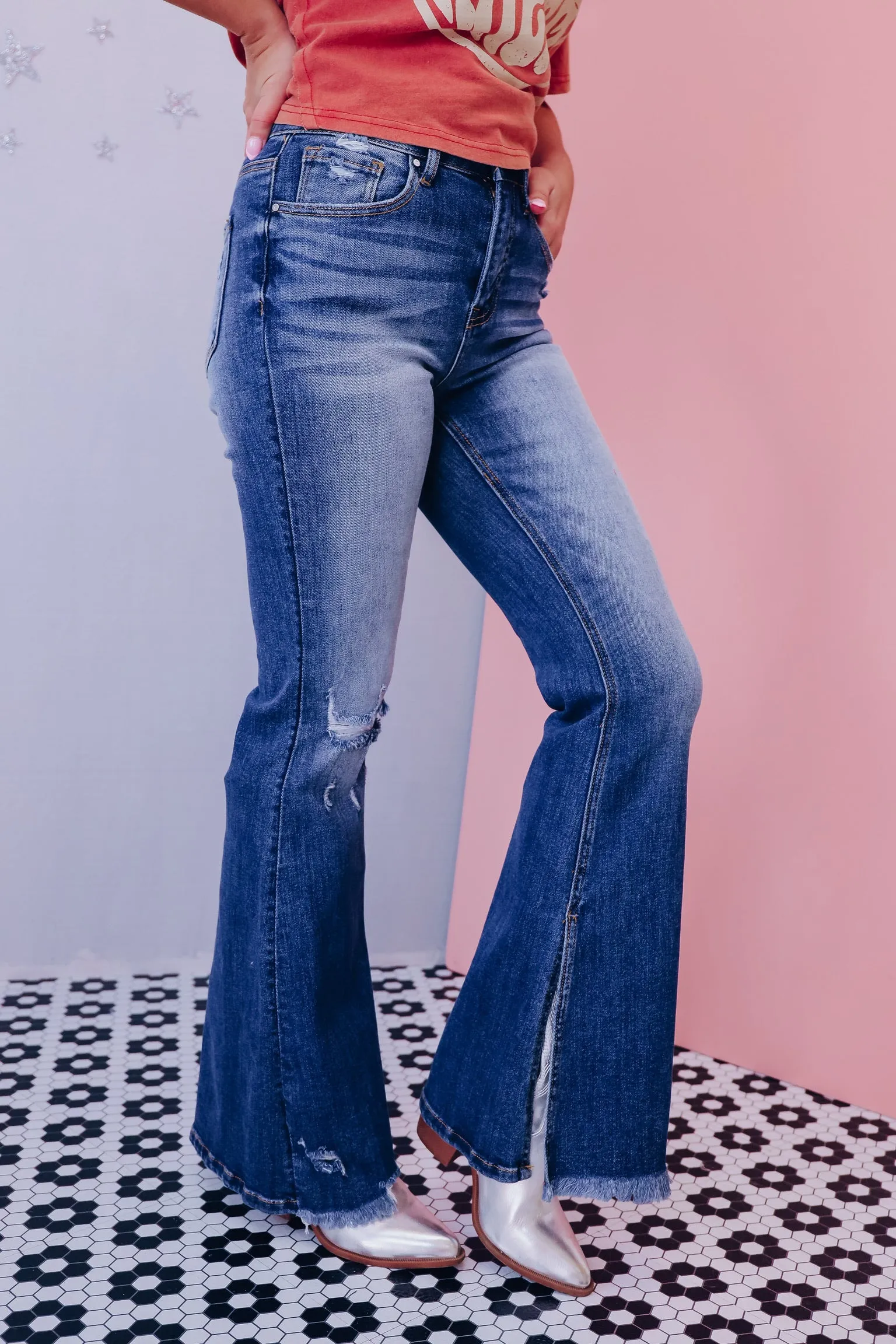 Dynamically Distressed Flare Jeans - Dark Wash