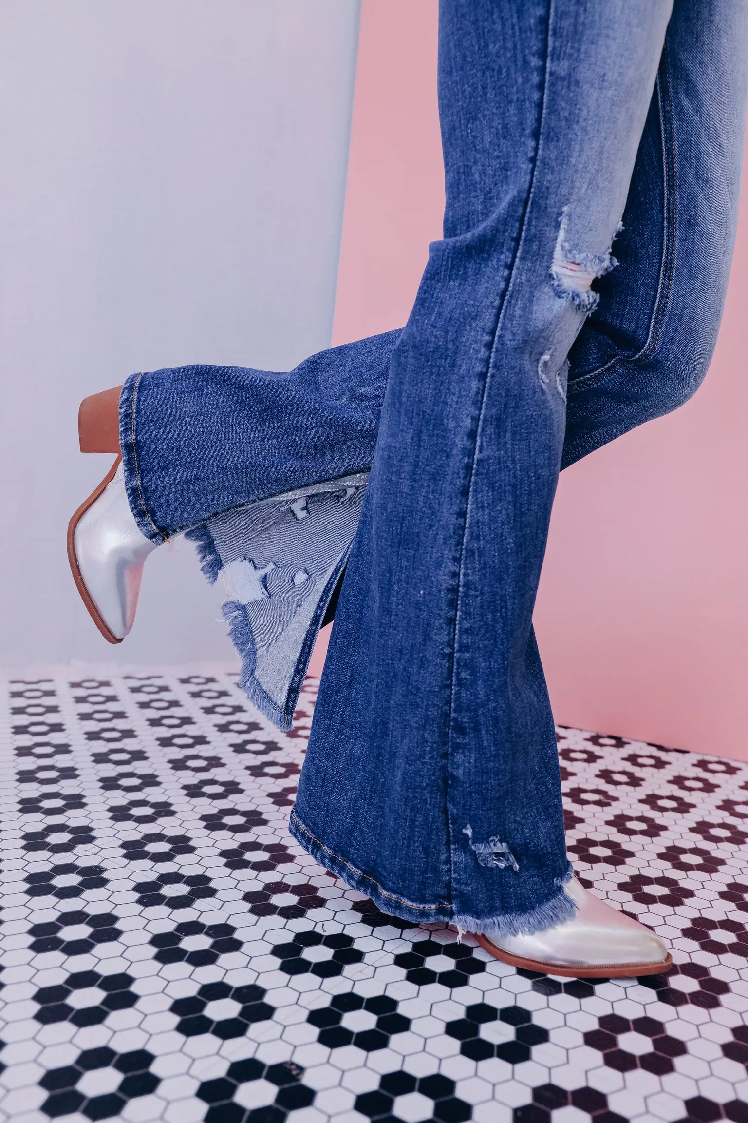Dynamically Distressed Flare Jeans - Dark Wash