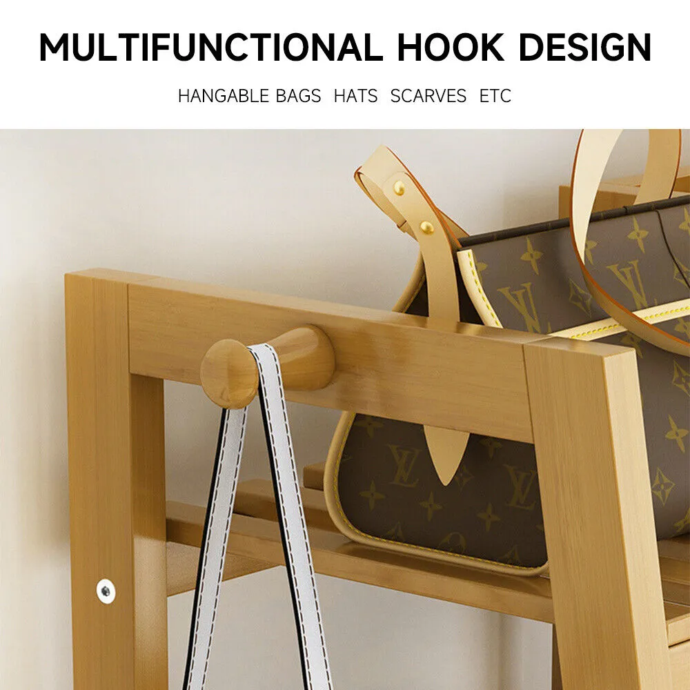 Eco 100% Bamboo Wood | Freestanding Clothes Rack | Shoe Storage Shelf & Side Hooks  | Natural | 1.4m High