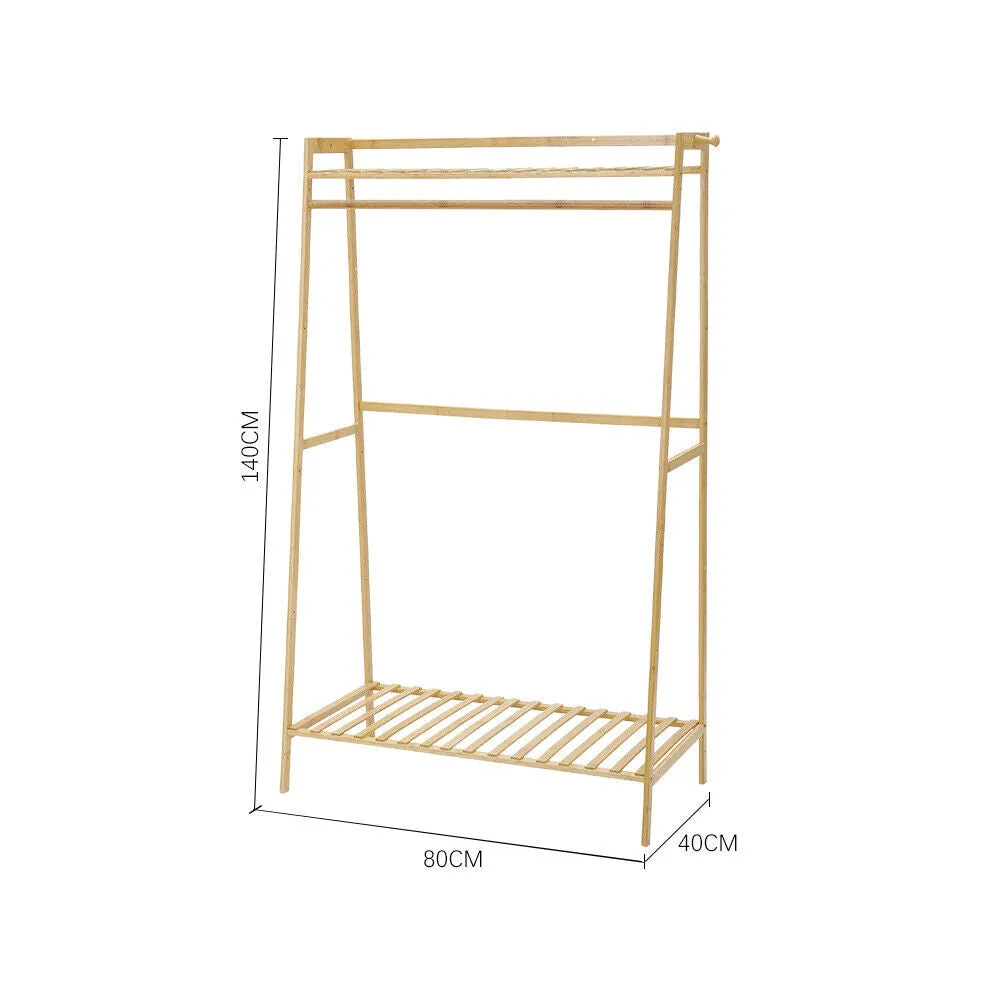 Eco 100% Bamboo Wood | Freestanding Clothes Rack | Shoe Storage Shelf & Side Hooks  | Natural | 1.4m High