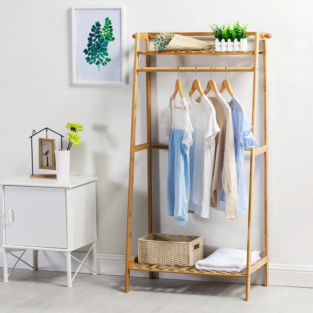 Eco 100% Bamboo Wood | Freestanding Clothes Rack | Shoe Storage Shelf & Side Hooks  | Natural | 1.4m High