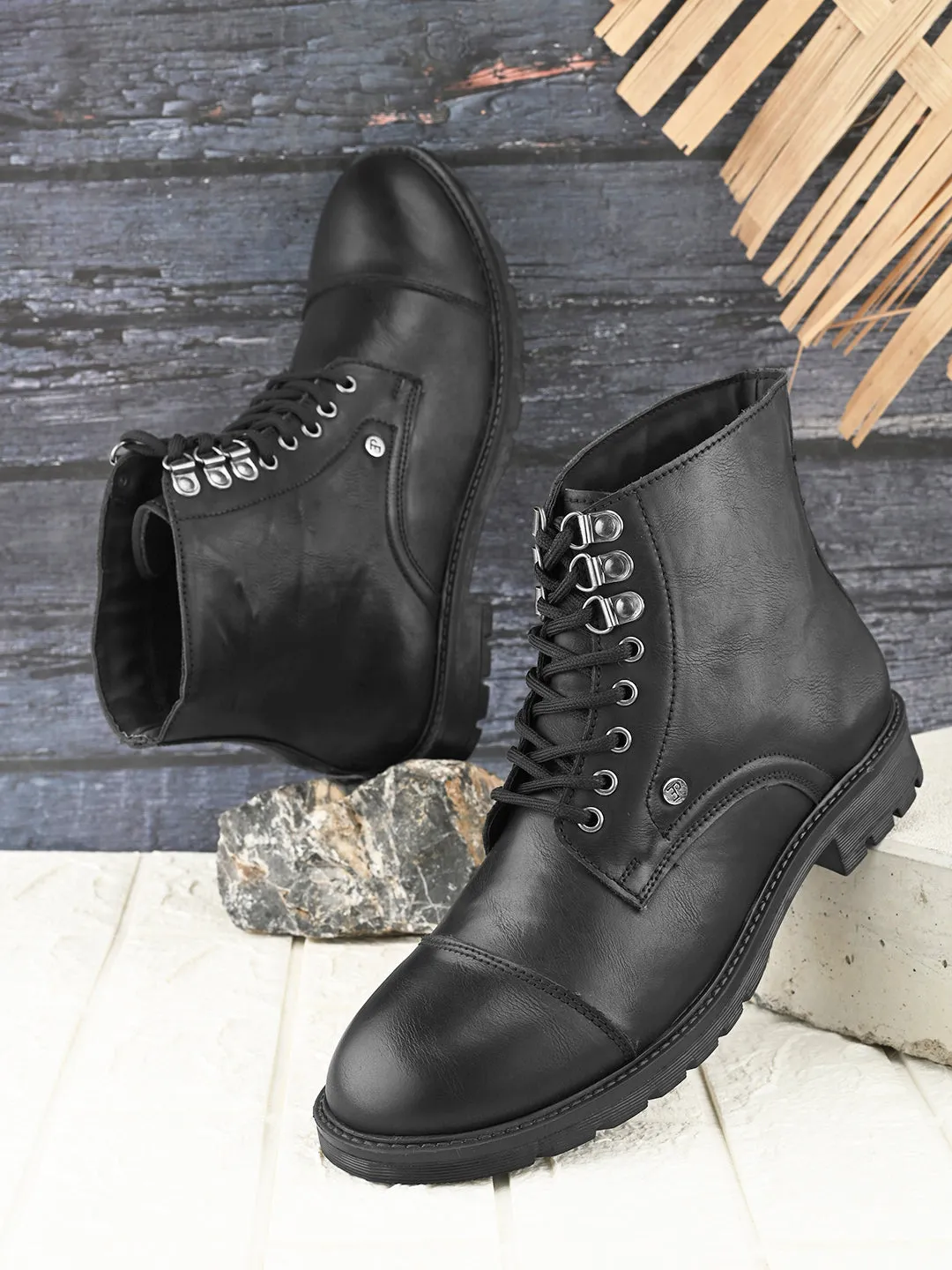 EL PASO Men Black Faux Leather Casual Lace Up Boots