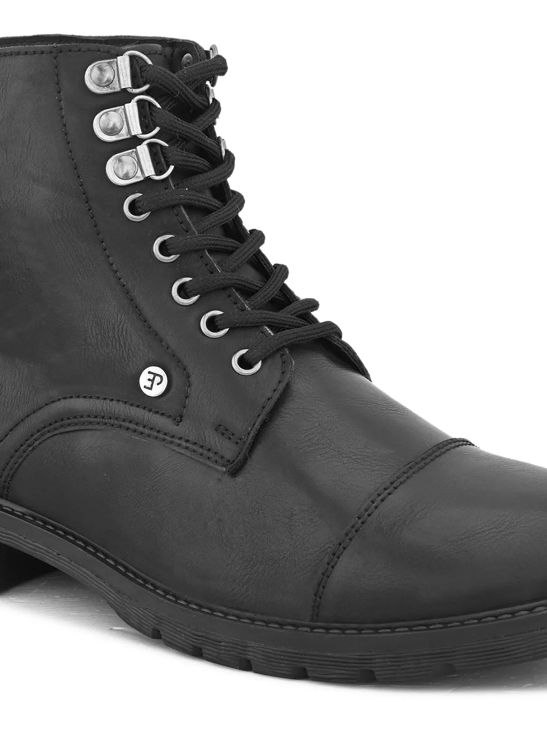 EL PASO Men Black Faux Leather Casual Lace Up Boots