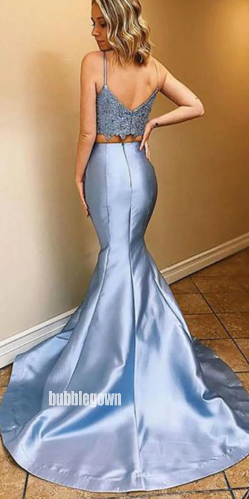 Elegant Blue Spaghetti Strap Two Piece Mermaid Prom Dress  FP1197