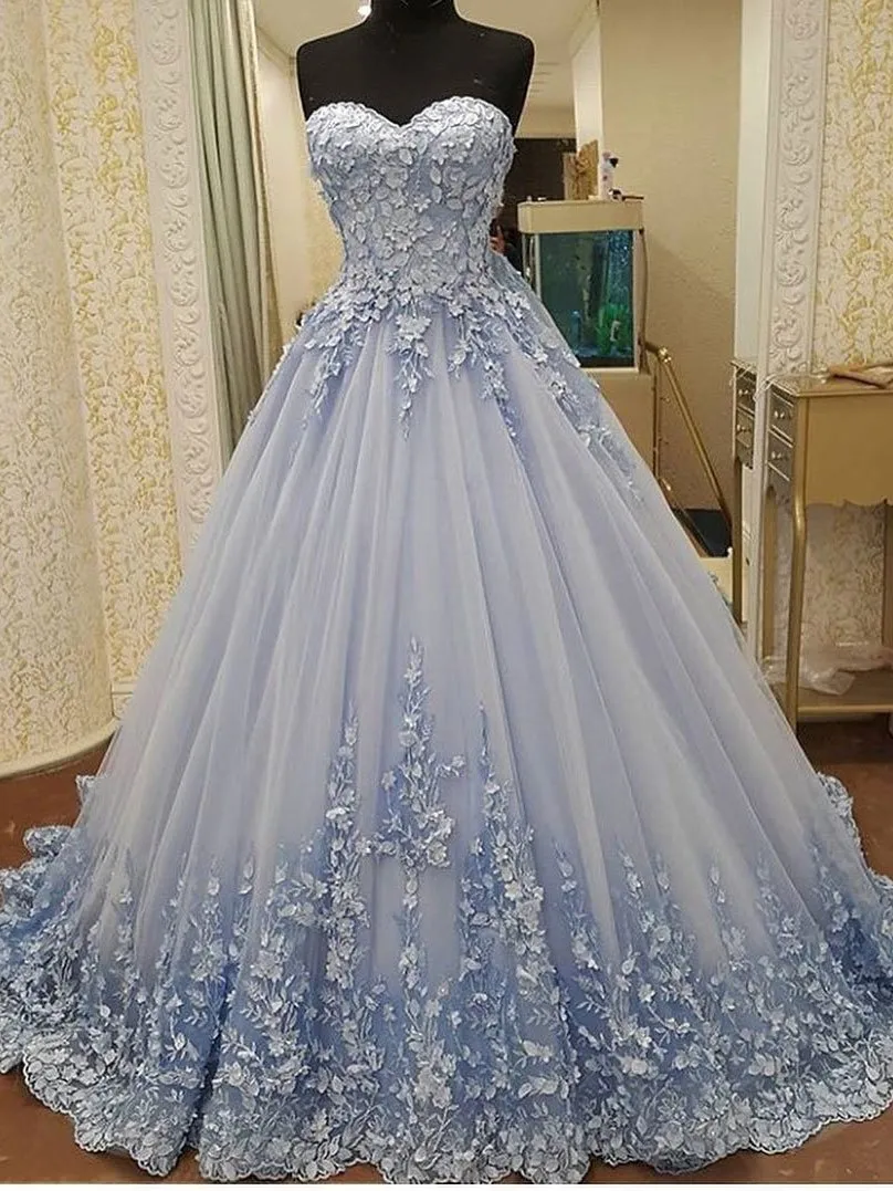 Elegant Sweetheart Tulle Applique Long Evening Prom Dresses, BG51627