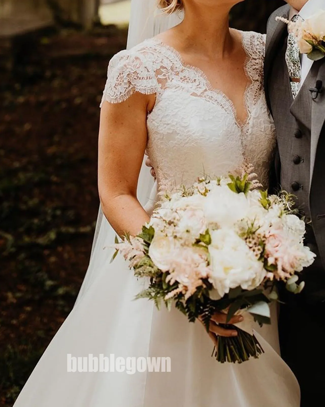 Elegant V-neck Short Sleeve A-line Dream Wedding Dresses, BGH061