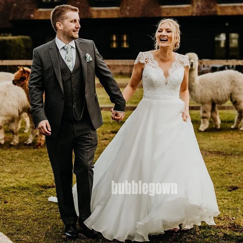Elegant V-neck Short Sleeve A-line Dream Wedding Dresses, BGH061