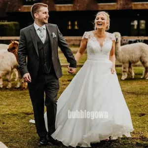 Elegant V-neck Short Sleeve A-line Dream Wedding Dresses, BGH061