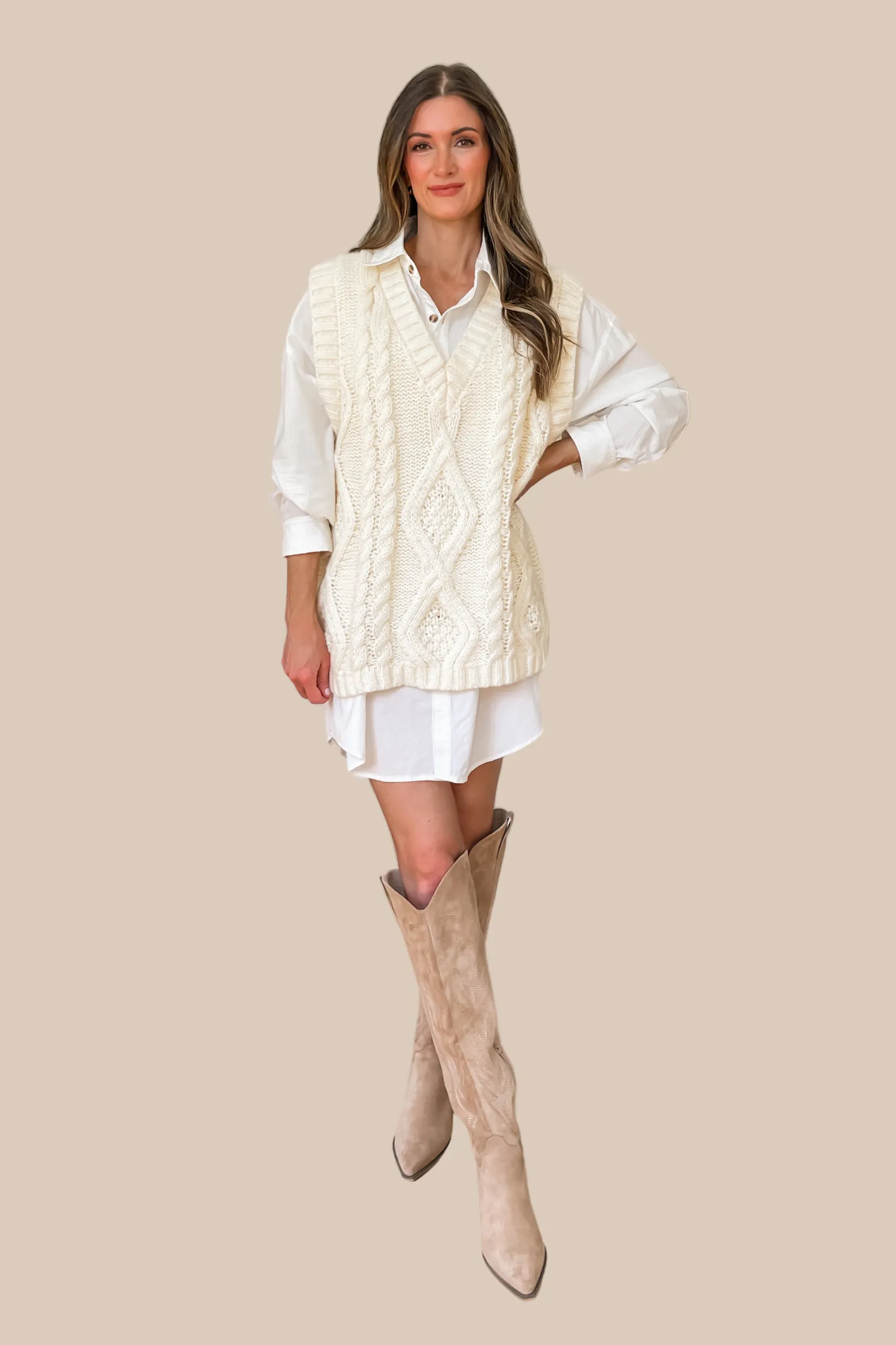 Enjoy The Moment Cable Knit Sweater Vest - Light Mocha - SALE
