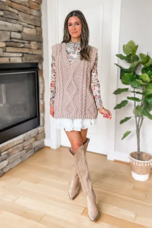 Enjoy The Moment Cable Knit Sweater Vest - Light Mocha - SALE