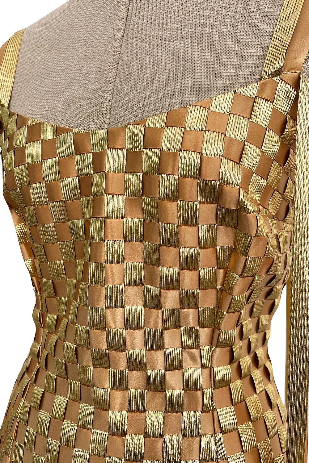 Extraordinary & Rare Fall 1995 Todd Oldham Runway Gold Metallic Woven Ribbon Dress