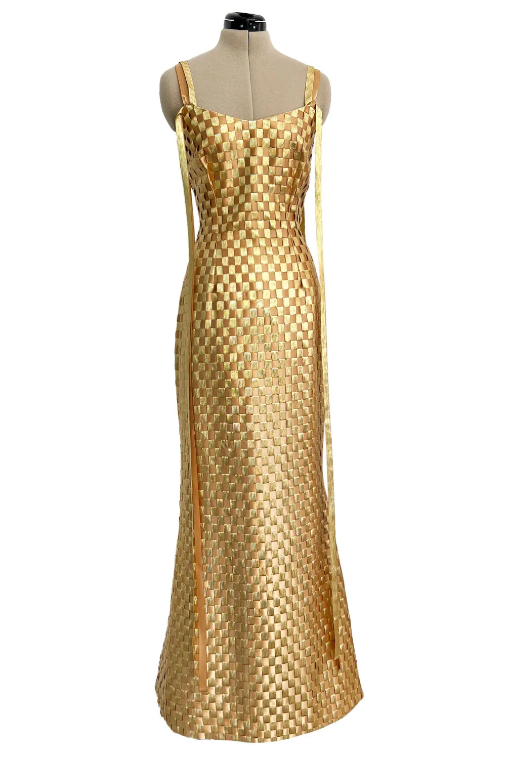 Extraordinary & Rare Fall 1995 Todd Oldham Runway Gold Metallic Woven Ribbon Dress