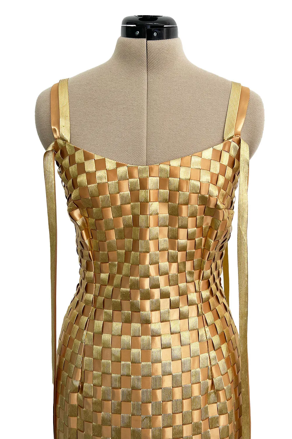 Extraordinary & Rare Fall 1995 Todd Oldham Runway Gold Metallic Woven Ribbon Dress