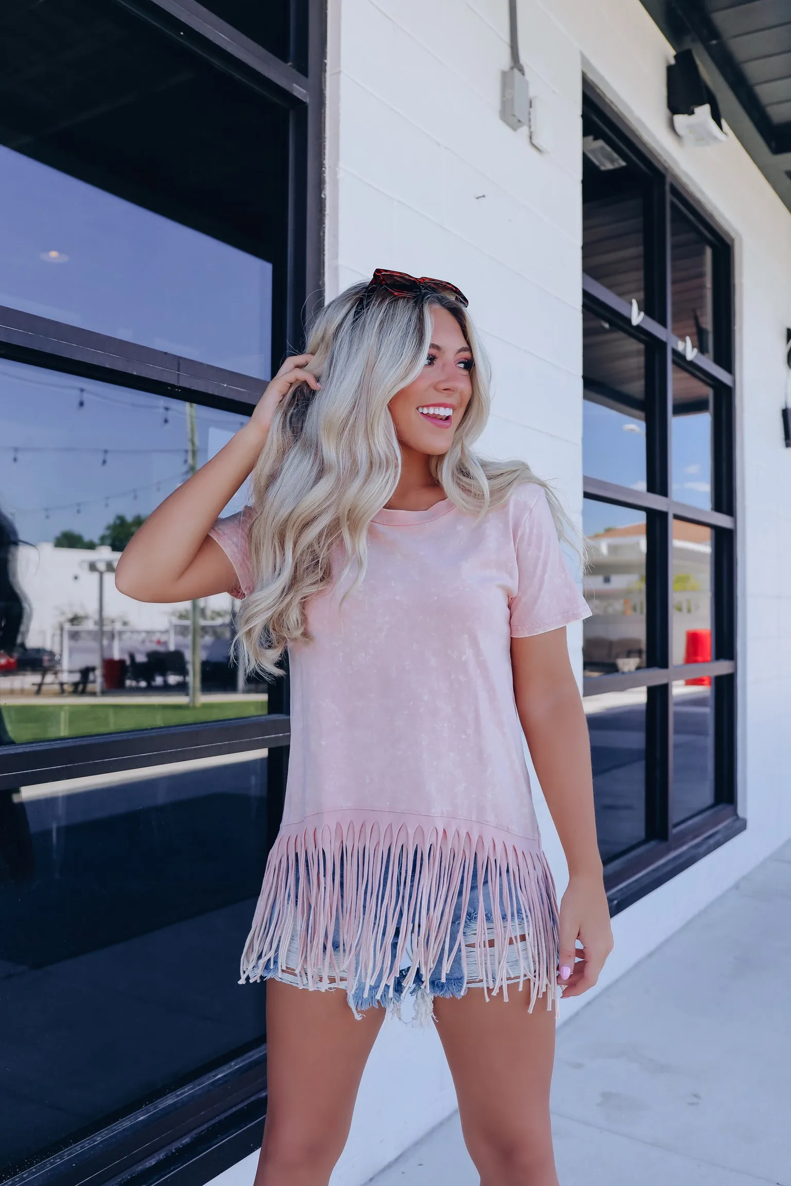 Fab Fringed Mineral Wash Tee - Dusty Pink