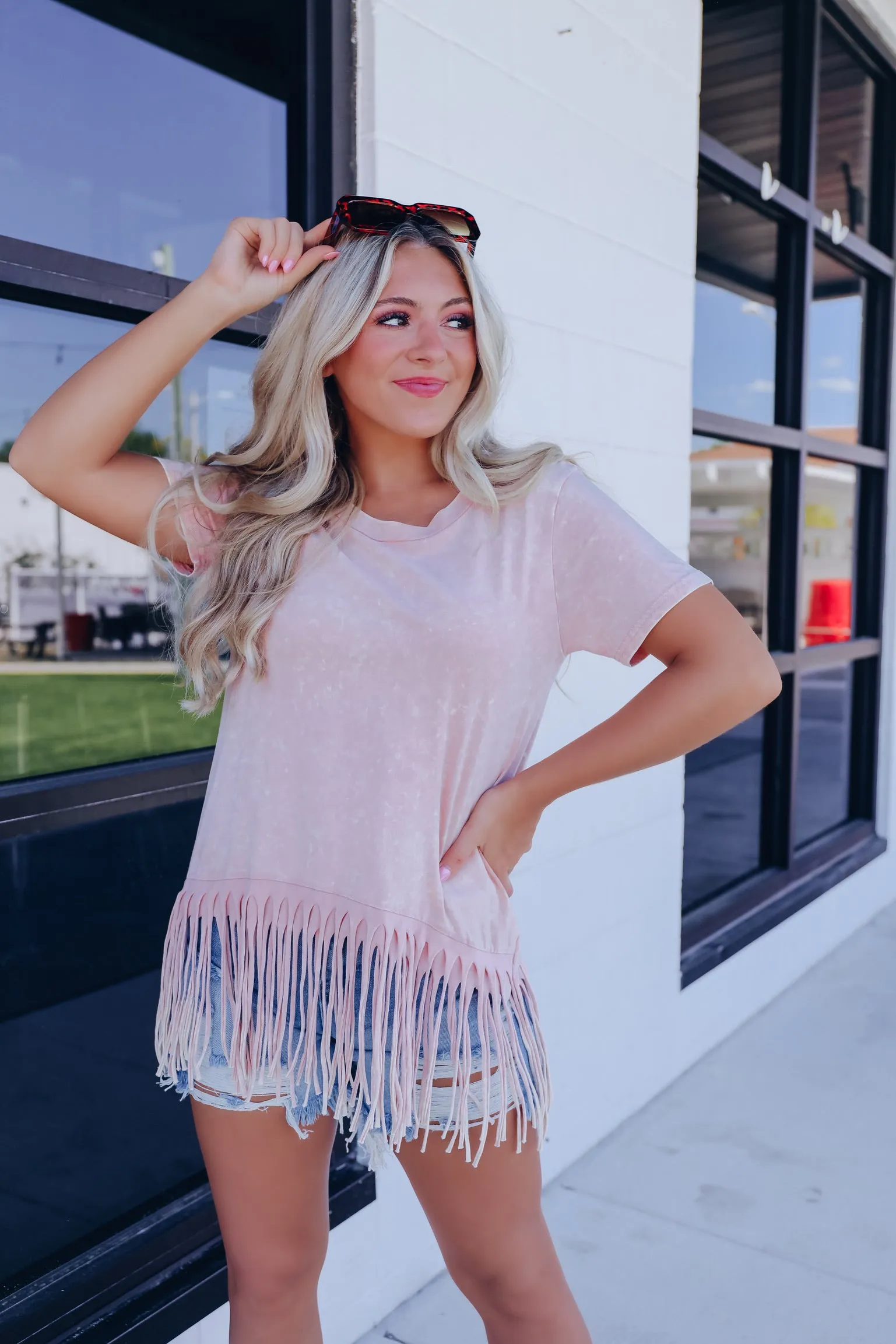 Fab Fringed Mineral Wash Tee - Dusty Pink