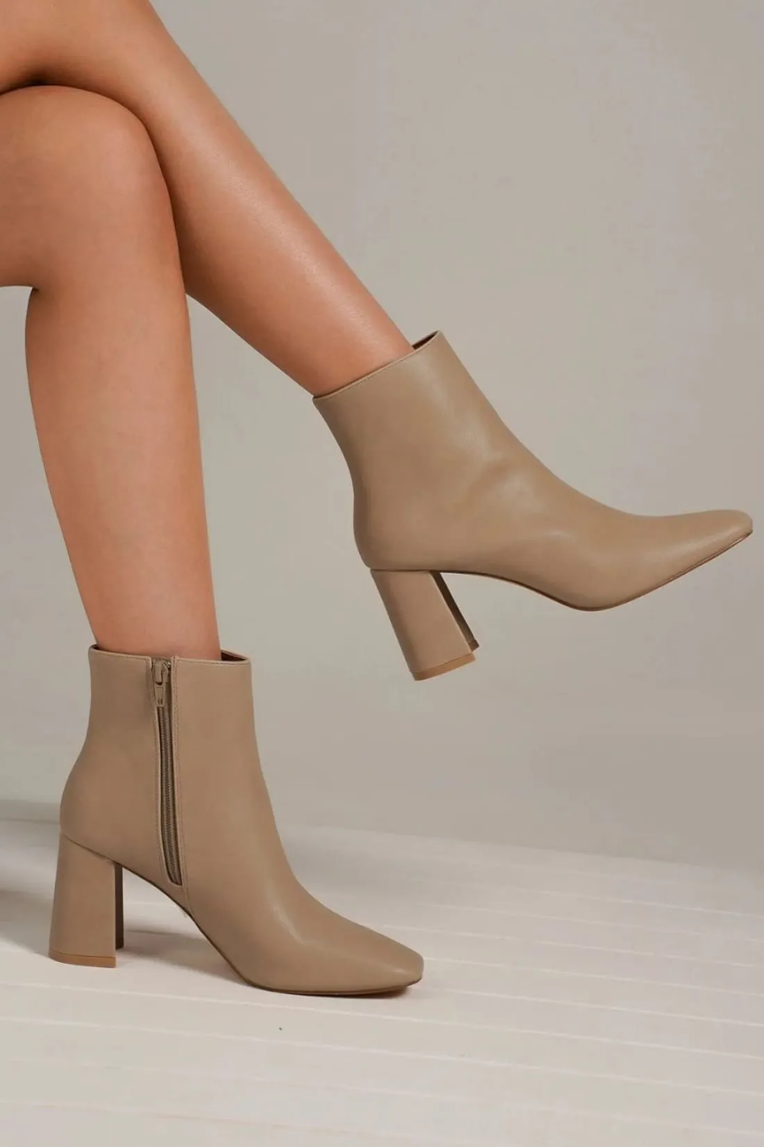 Faux Leather Block Heel Boots with Side Zippers