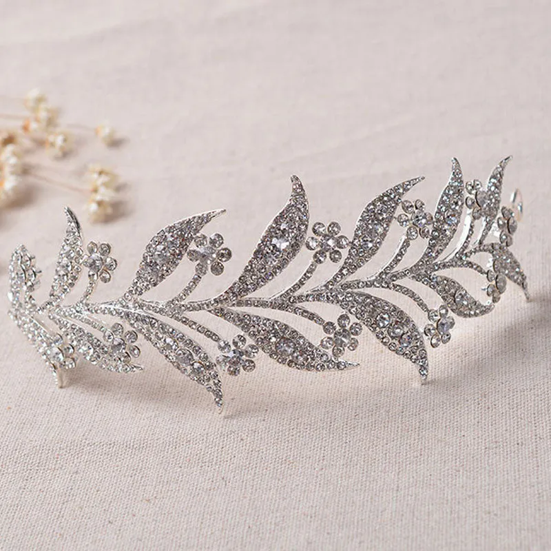Flower Leaf Trim Crystal Rhinestone Embellished Headband - Silver
