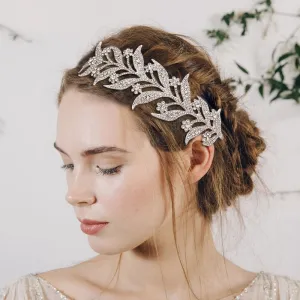 Flower Leaf Trim Crystal Rhinestone Embellished Headband - Silver