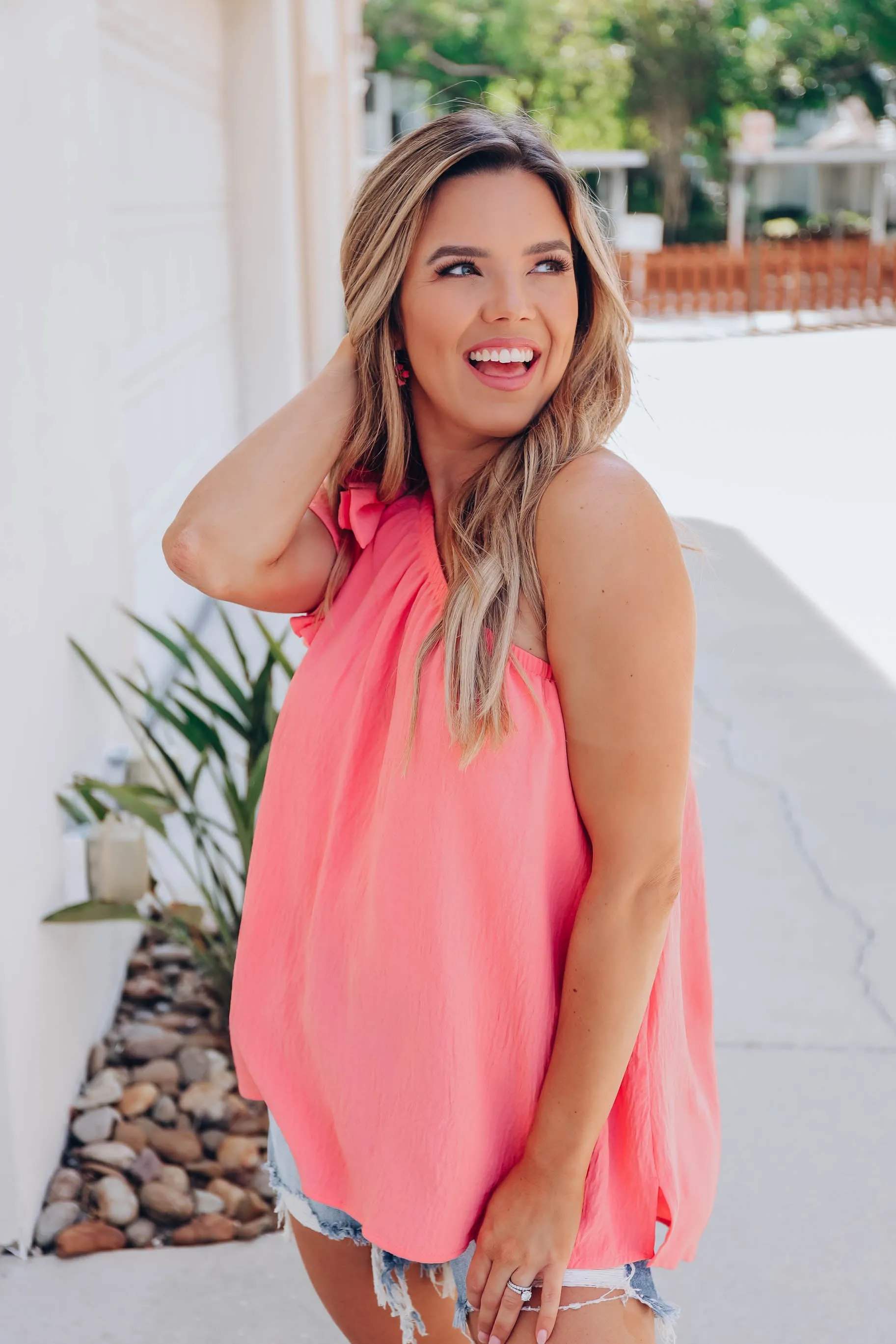 Flutter Sleeve One Shoulder Blouse - Coral