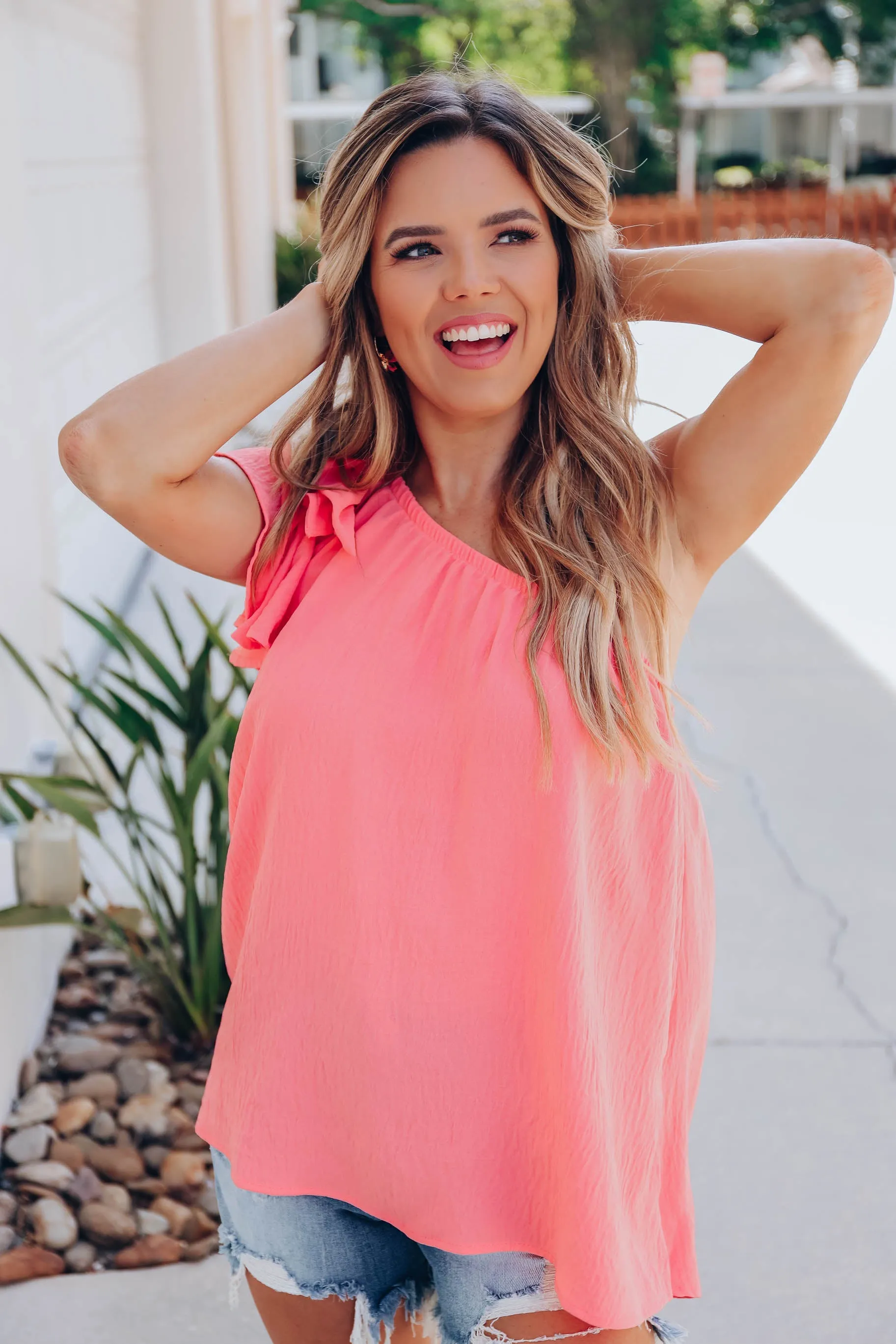Flutter Sleeve One Shoulder Blouse - Coral