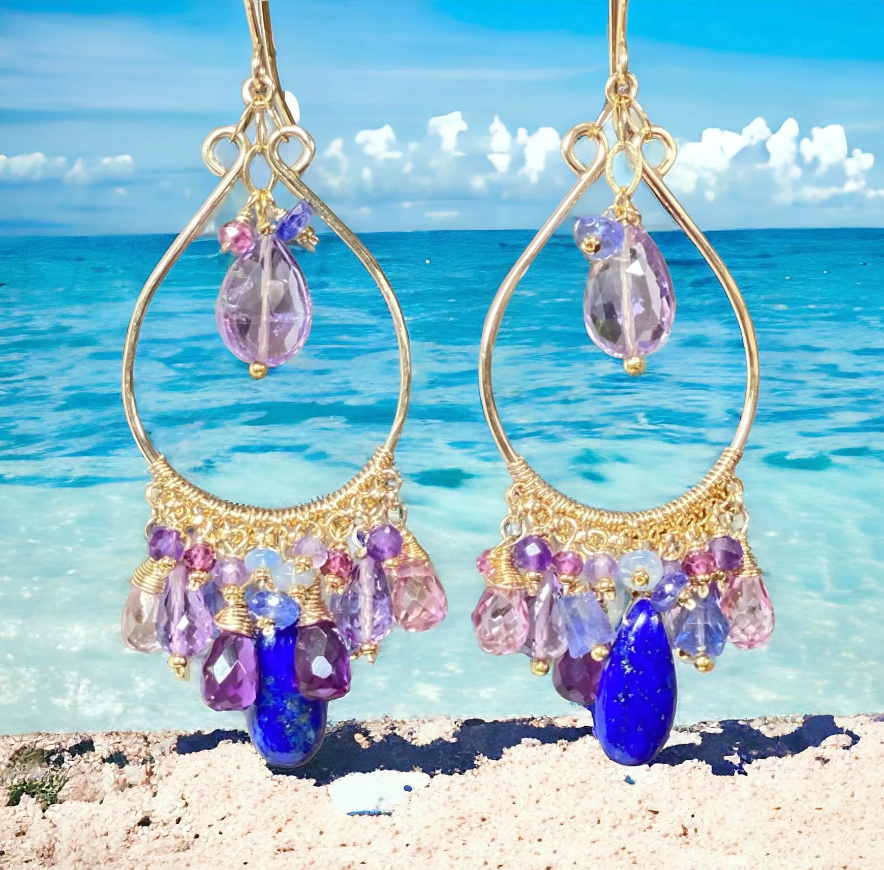 Gemstone Statement Chandelier Earrings in Pink, Lavender, Blue, Purple 3