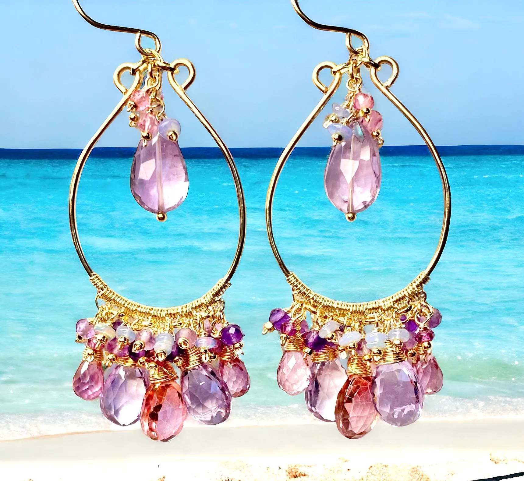 Gemstone Statement Chandelier Earrings in Pink, Lavender, Violet 2