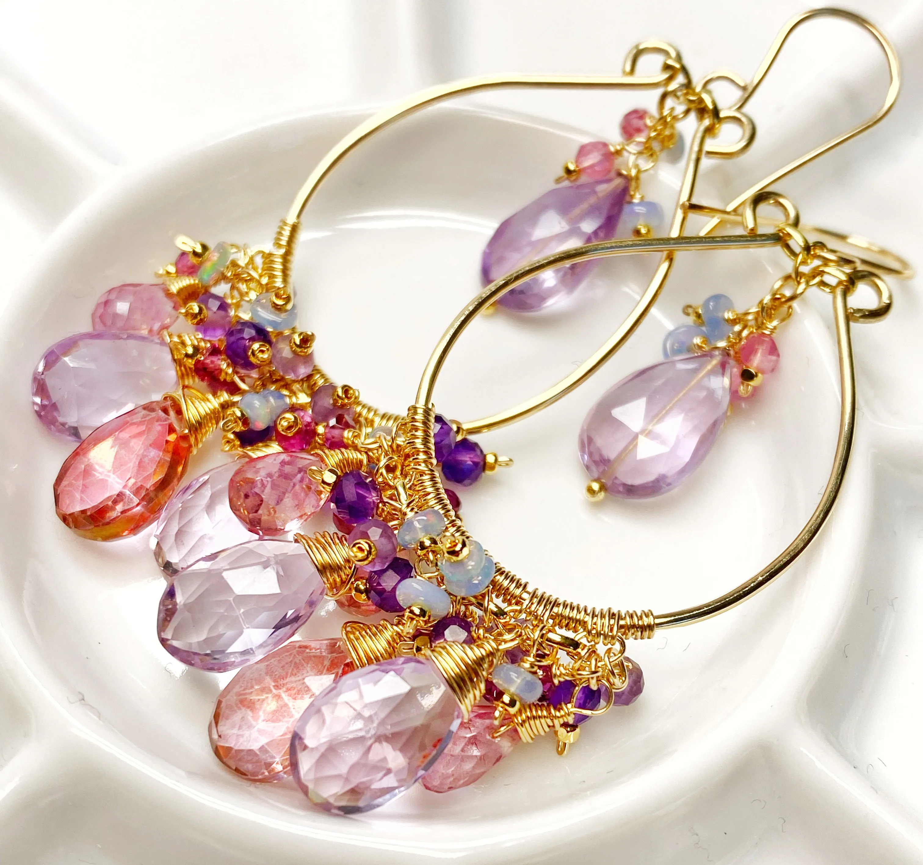 Gemstone Statement Chandelier Earrings in Pink, Lavender, Violet 2