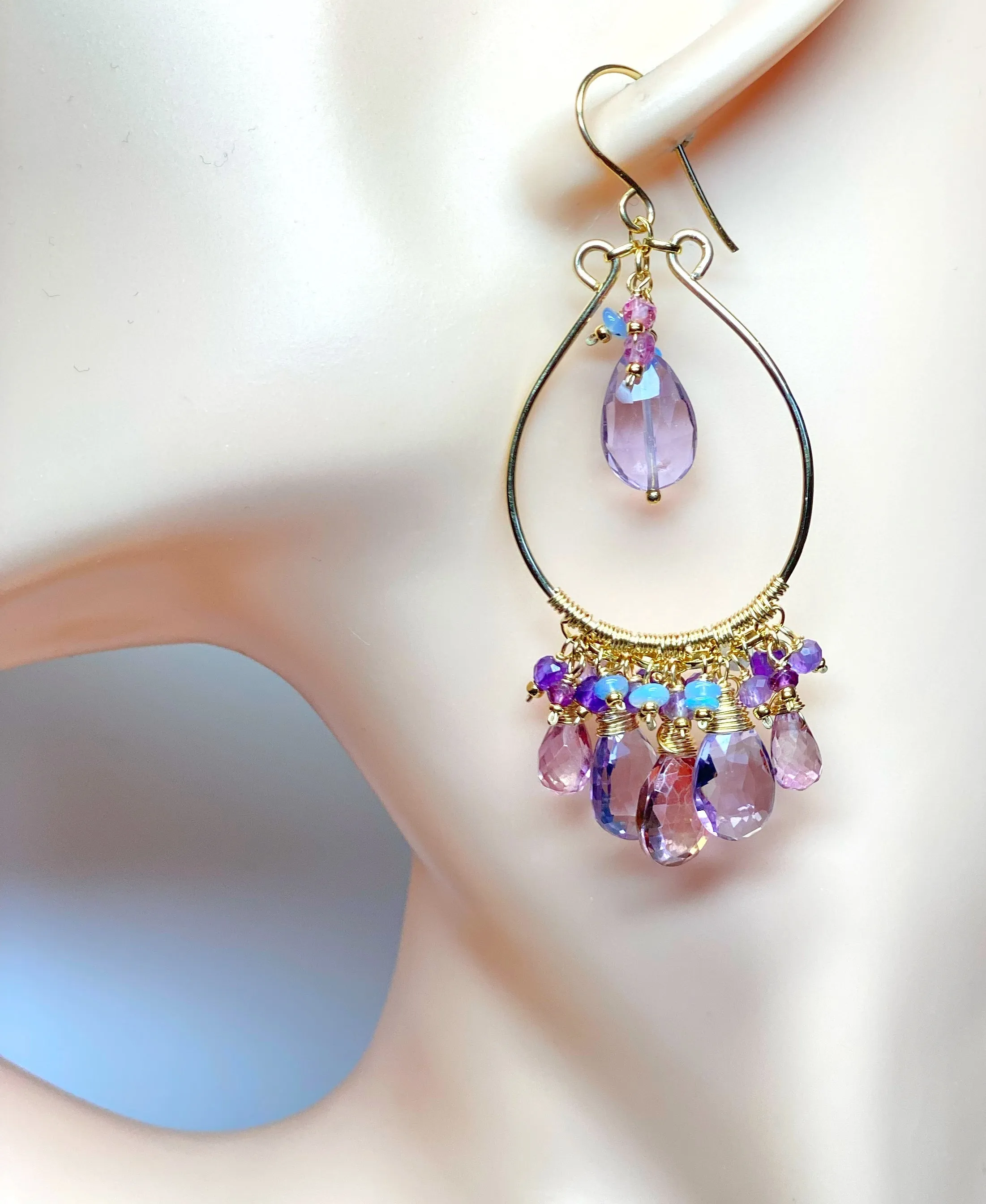 Gemstone Statement Chandelier Earrings in Pink, Lavender, Violet 2