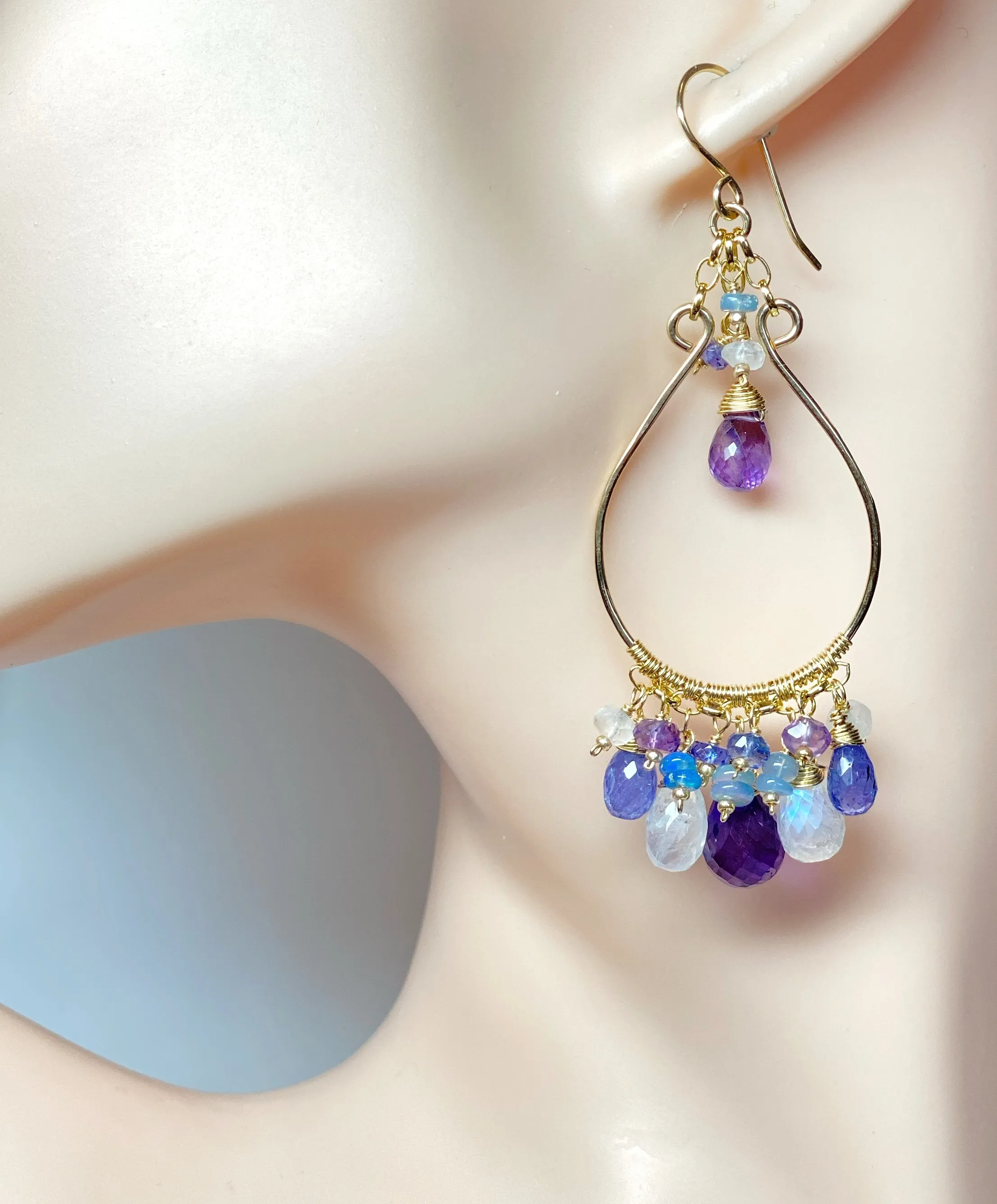 Gemstone Statement Chandelier Earrings in Tanzanite, Amethyst, Moonstone