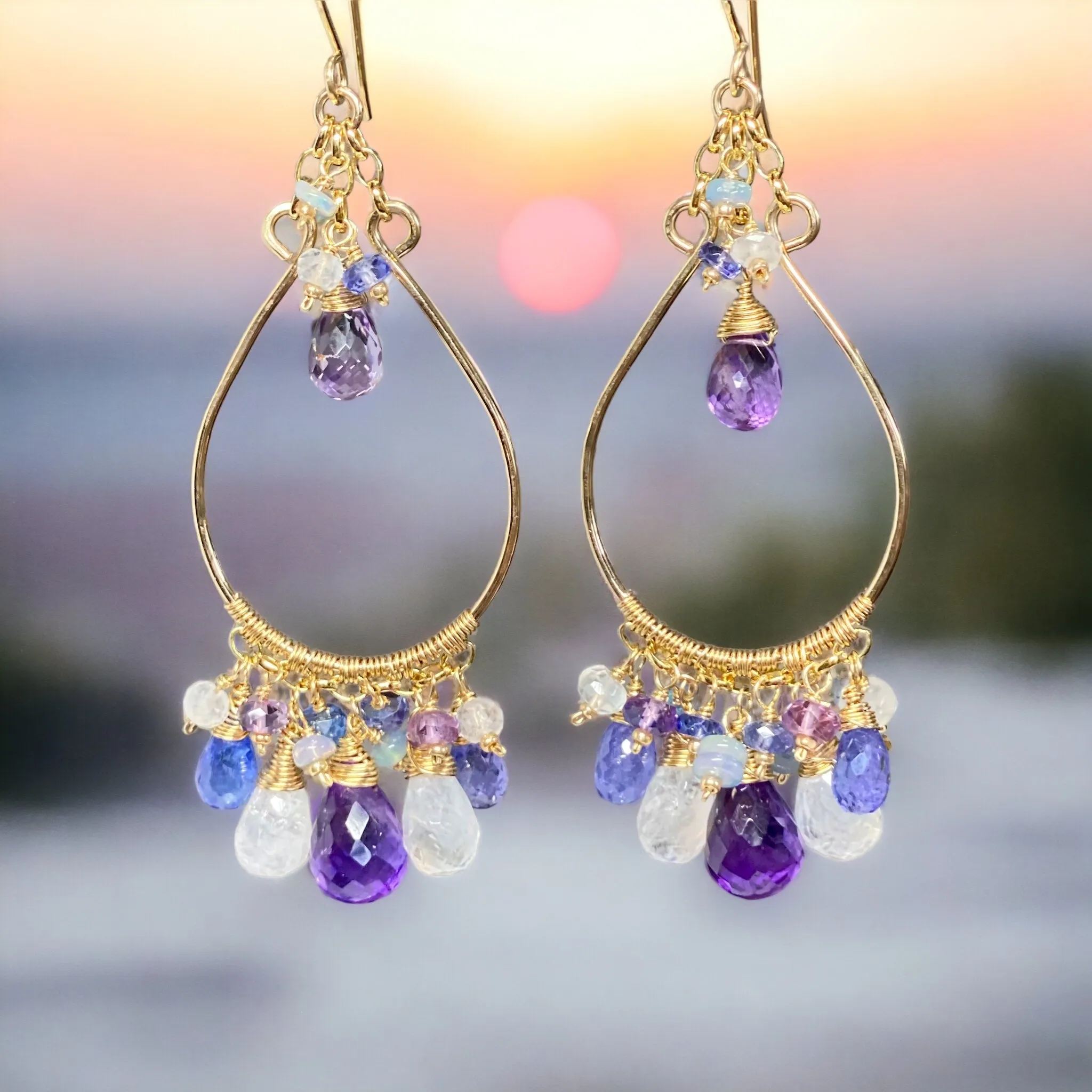 Gemstone Statement Chandelier Earrings in Tanzanite, Amethyst, Moonstone