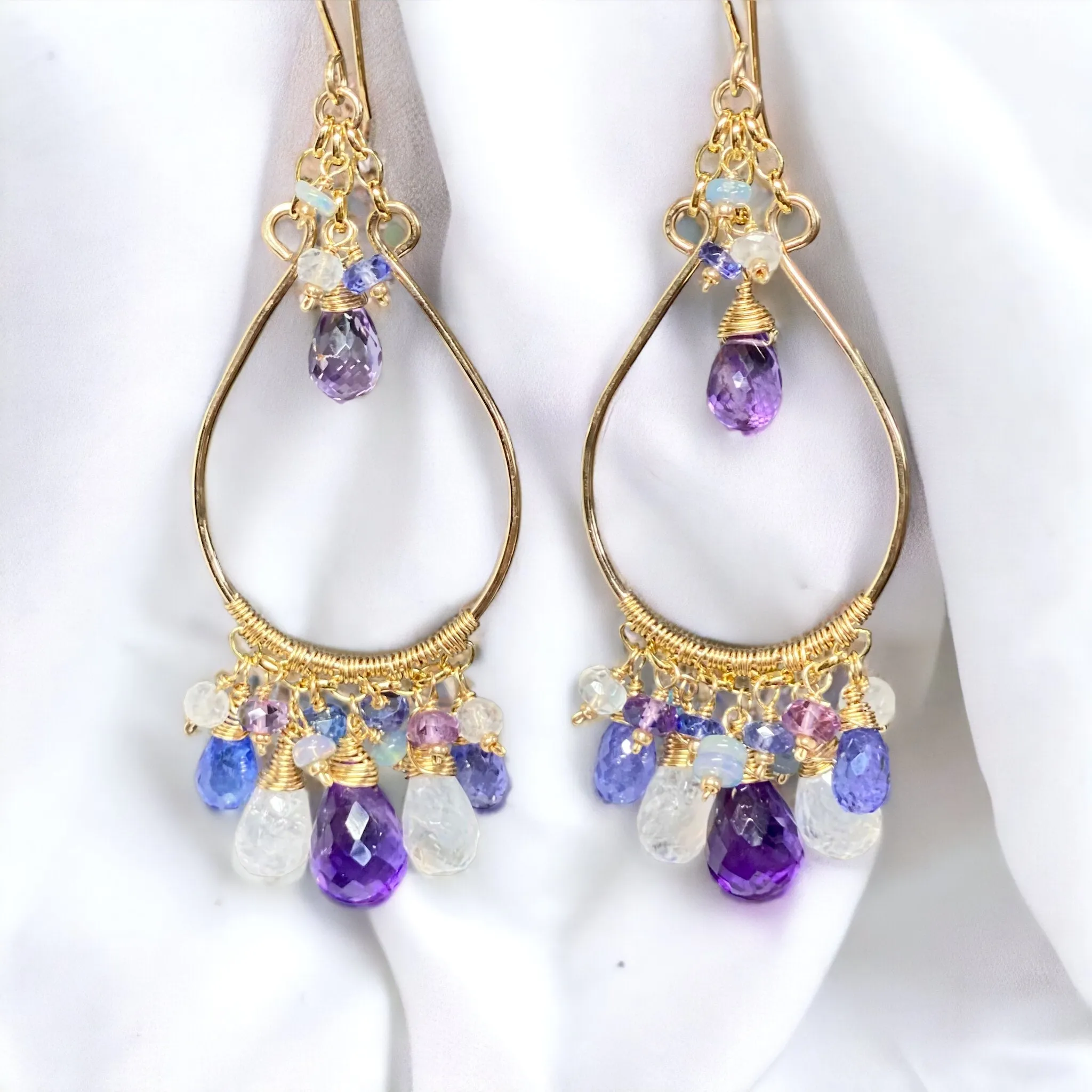 Gemstone Statement Chandelier Earrings in Tanzanite, Amethyst, Moonstone