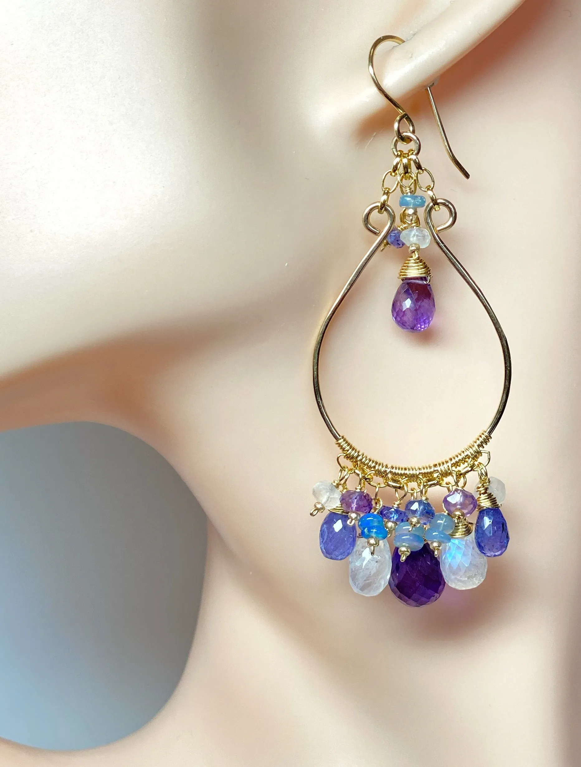 Gemstone Statement Chandelier Earrings in Tanzanite, Amethyst, Moonstone