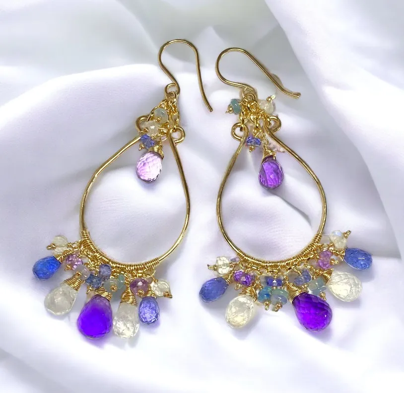 Gemstone Statement Chandelier Earrings in Tanzanite, Amethyst, Moonstone