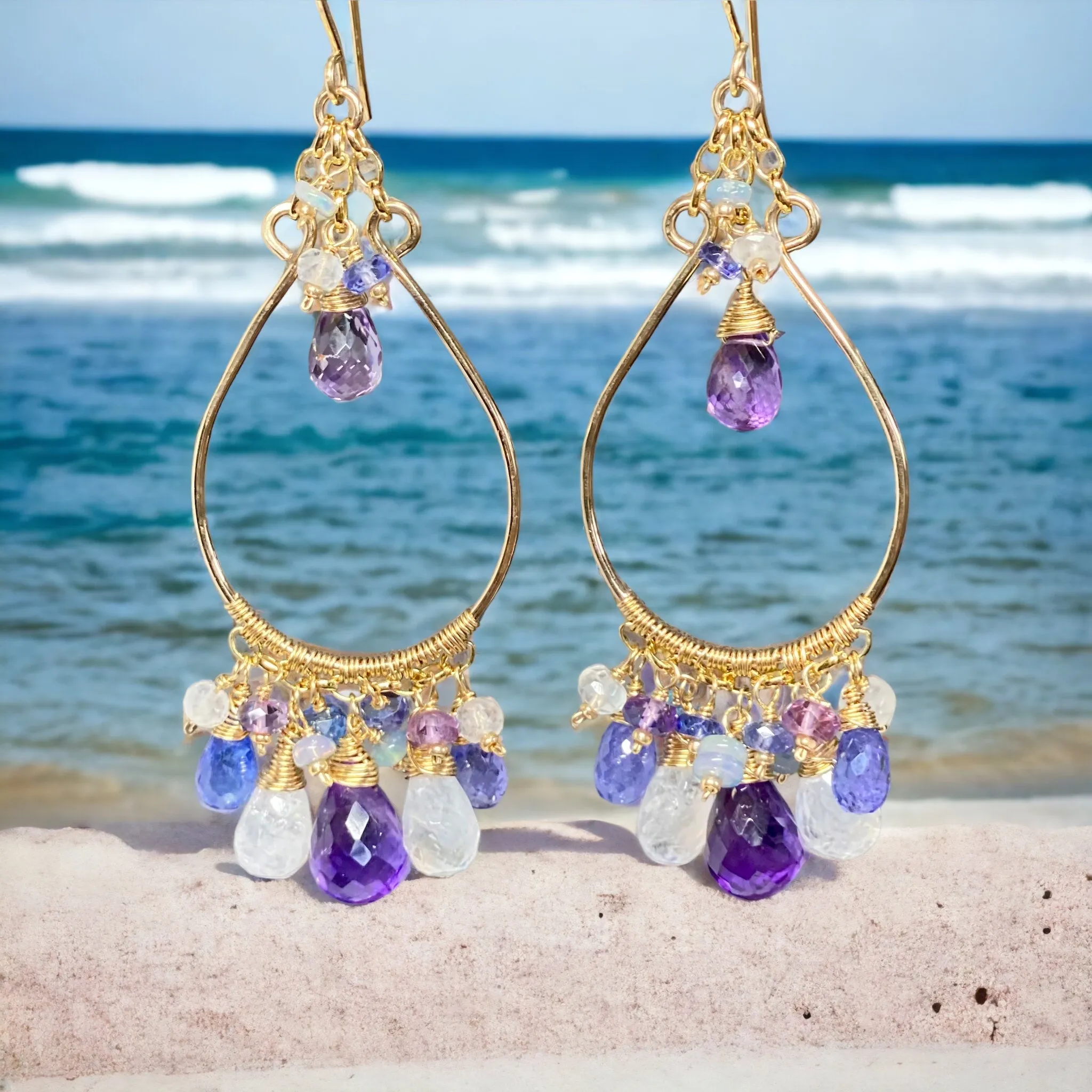 Gemstone Statement Chandelier Earrings in Tanzanite, Amethyst, Moonstone