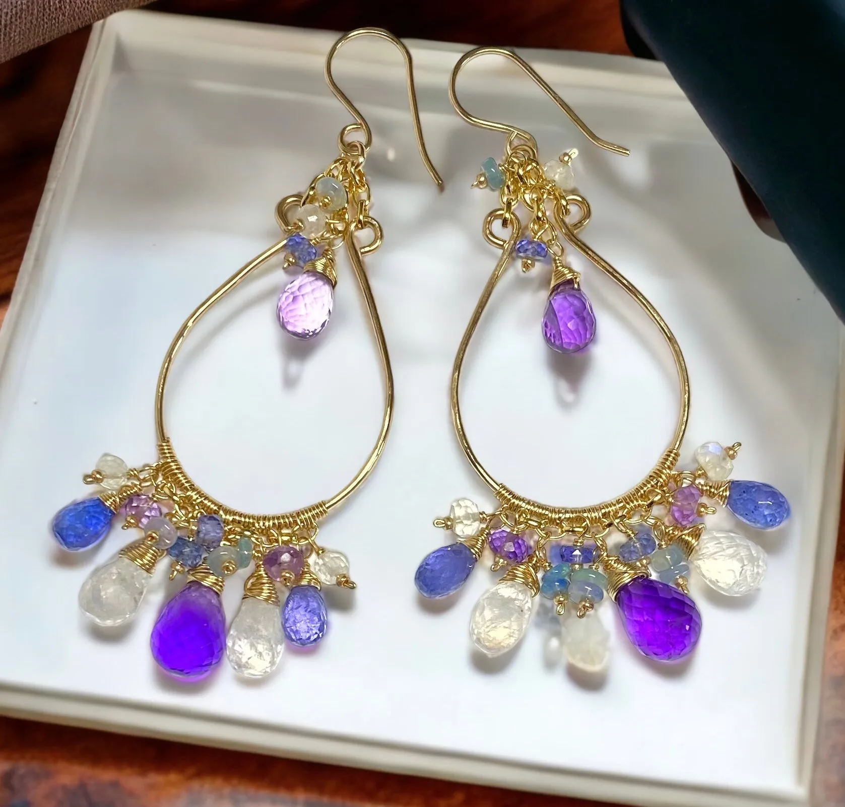 Gemstone Statement Chandelier Earrings in Tanzanite, Amethyst, Moonstone