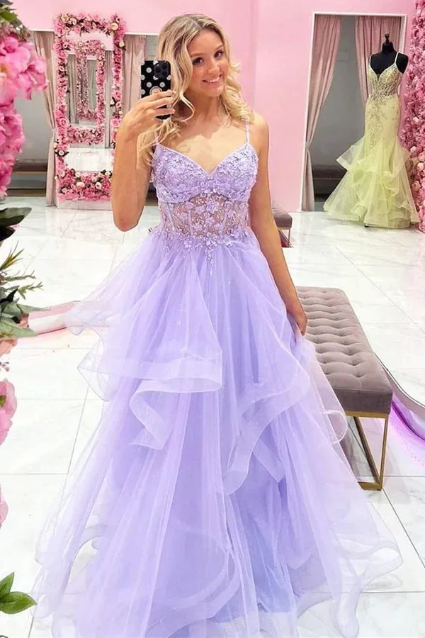 Gorgeous V-Neck Beaded Purple Lace Floral Long Prom Dresses, OL625