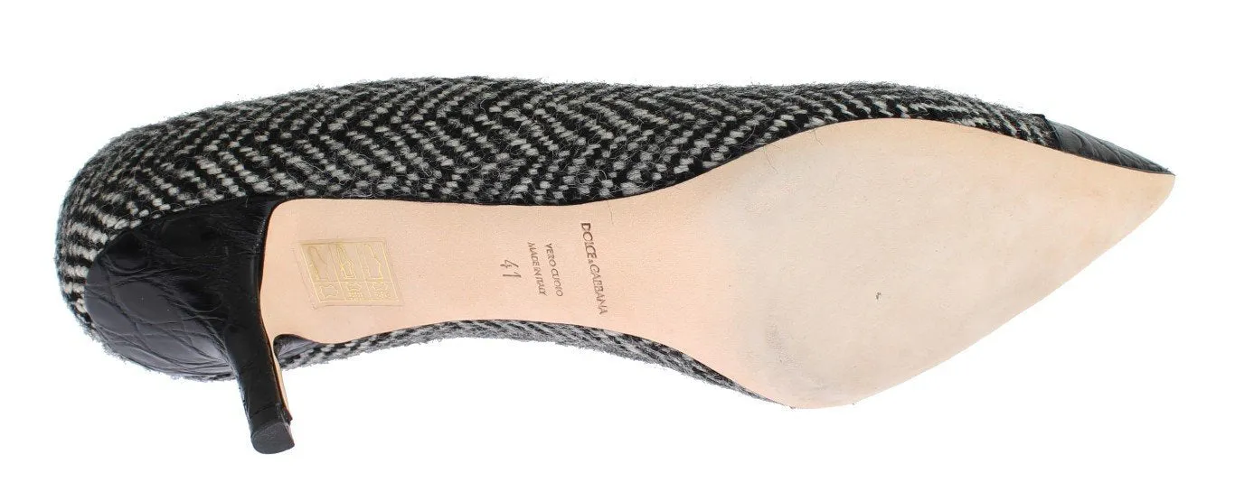 Gray Tweed Black Crocodile Pumps Shoes