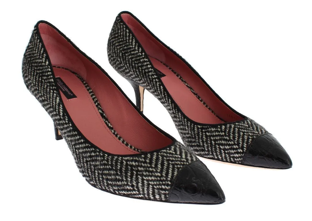 Gray Tweed Black Crocodile Pumps Shoes