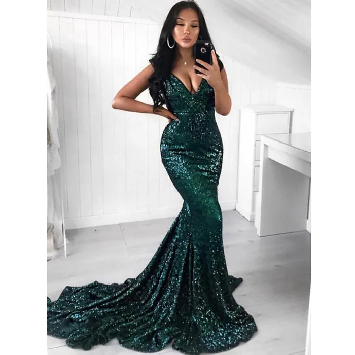 Green Sequin Mermaid Simple Cheap Long Prom Dresses, BGP206