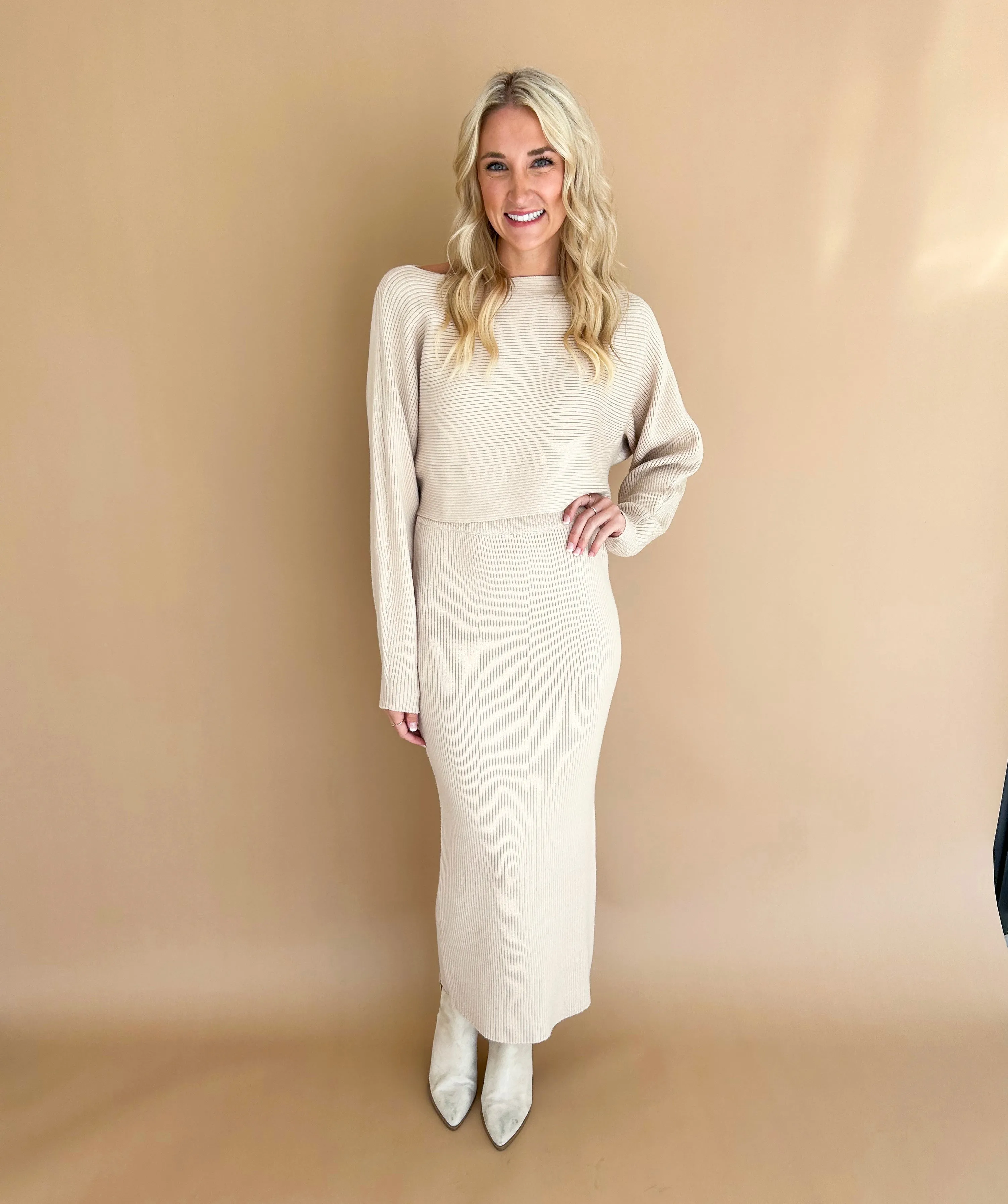 Guinevere Ribbed Crop Top Sweater and Midi Skirt Set