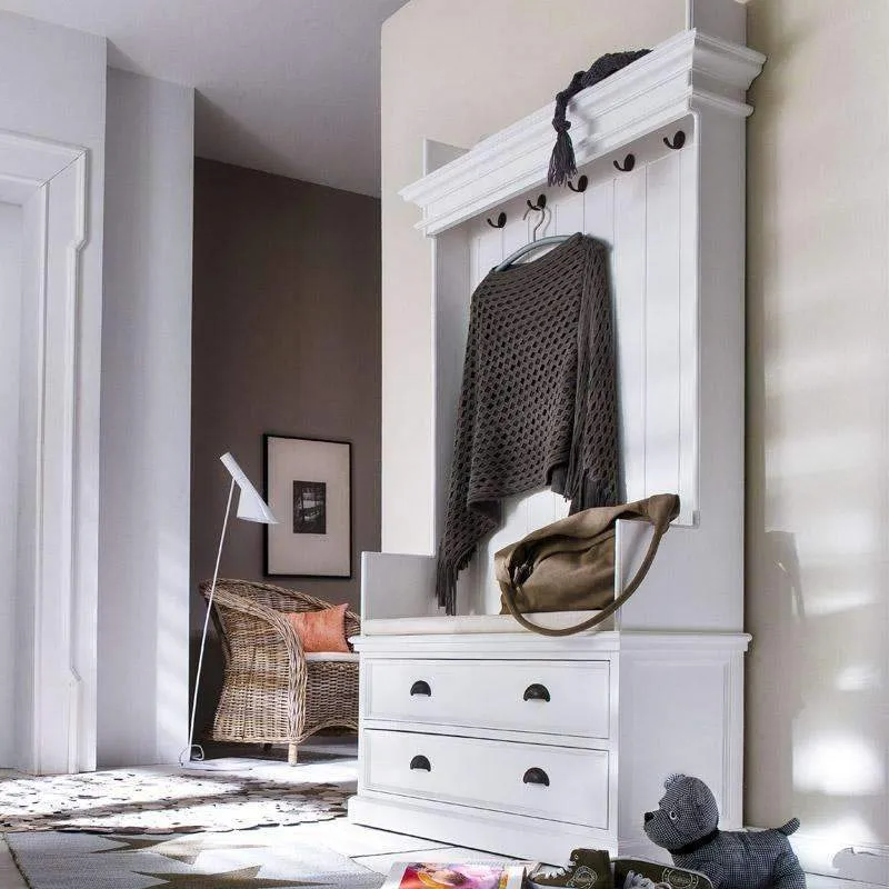 Halifax White Painted Coat Rack Bench with Seat and Drawers